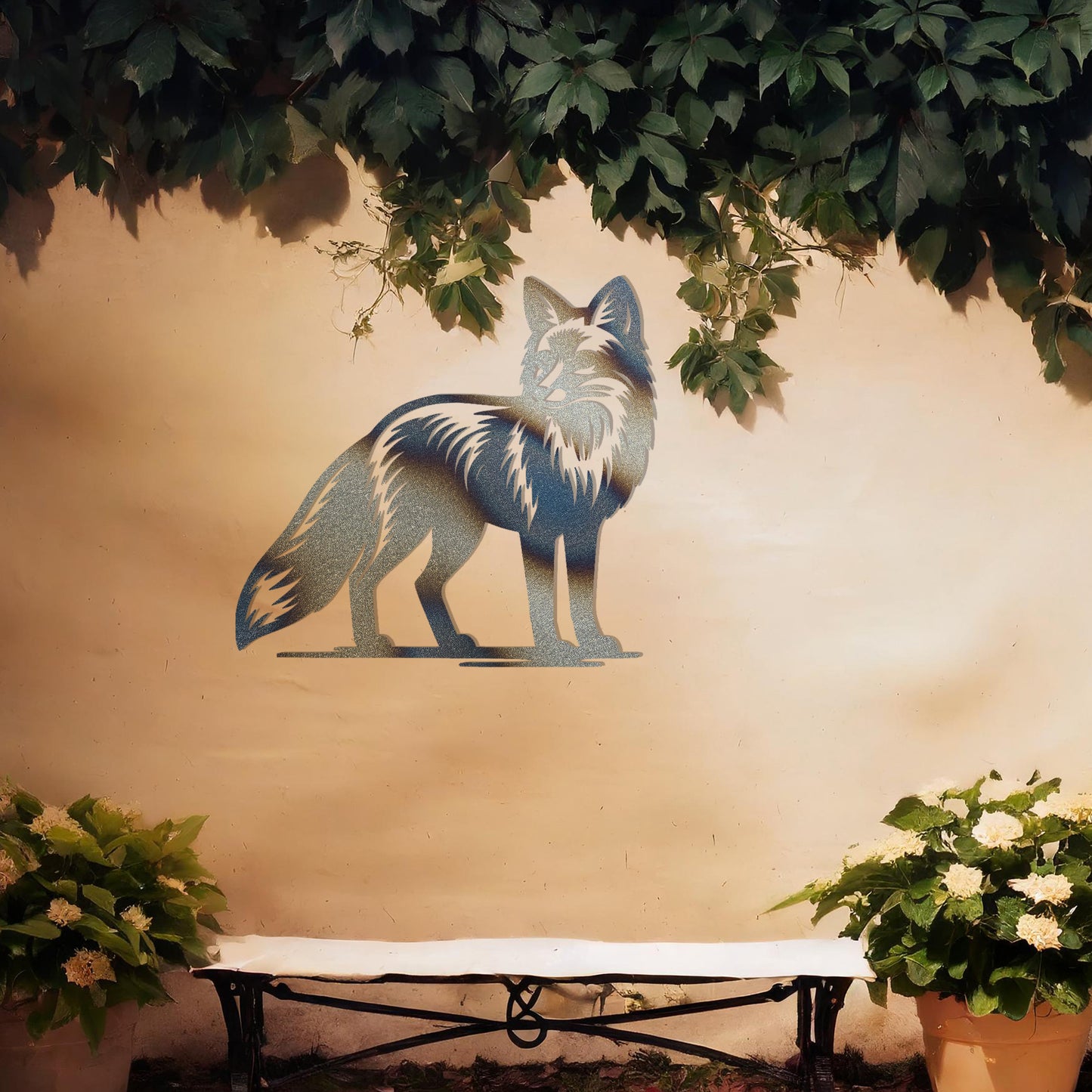 Metal wall decoration featuring a fox design with detailed fur patterns, adding a sleek and elegant touch to outdoor or indoor spaces, displayed against a neutral background to enhance its artistic appeal.