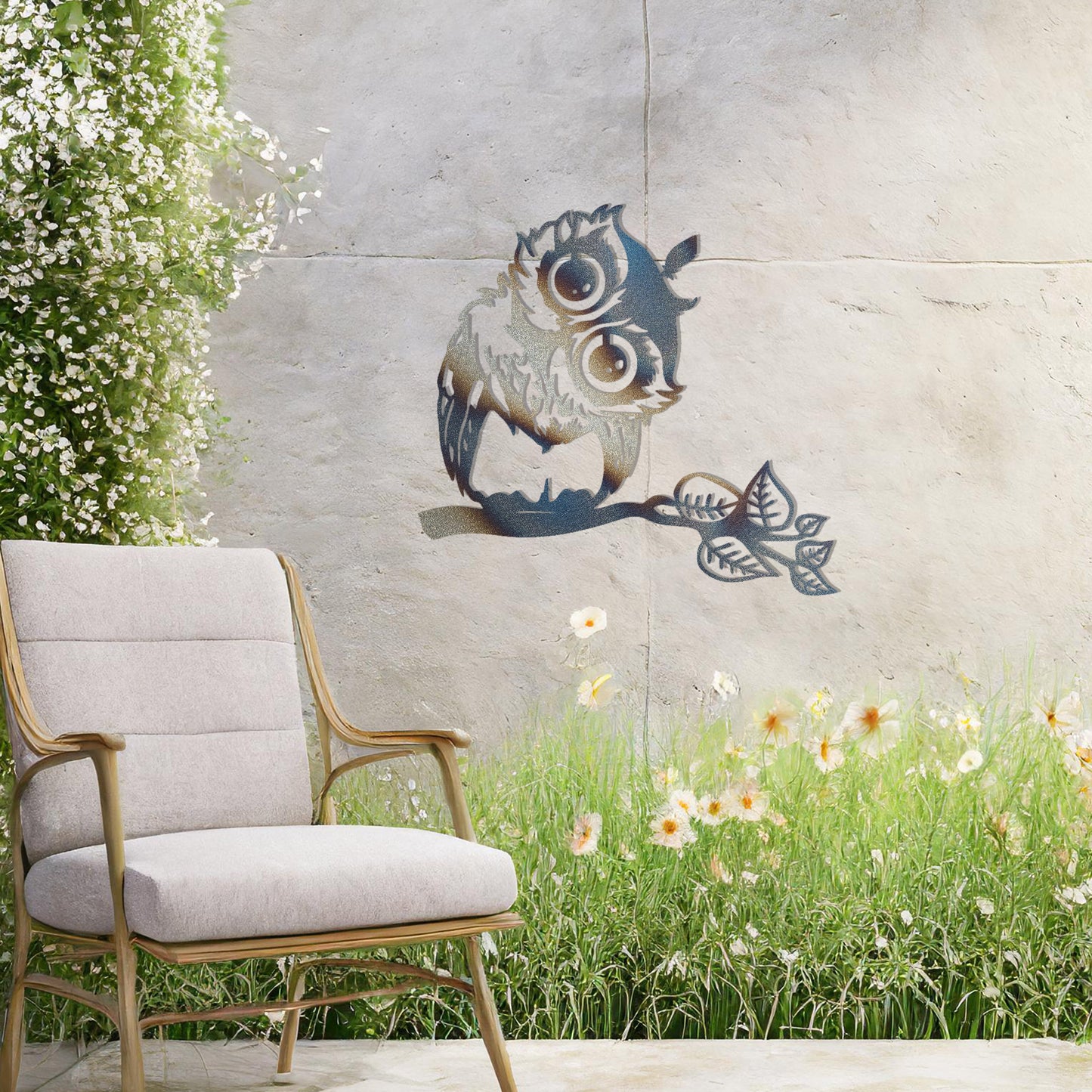 A delightful metal wall art design featuring a whimsical owl perched on a branch with intricate detailing of its feathers and expressive eyes, adding a playful and nature-inspired touch to any setting.