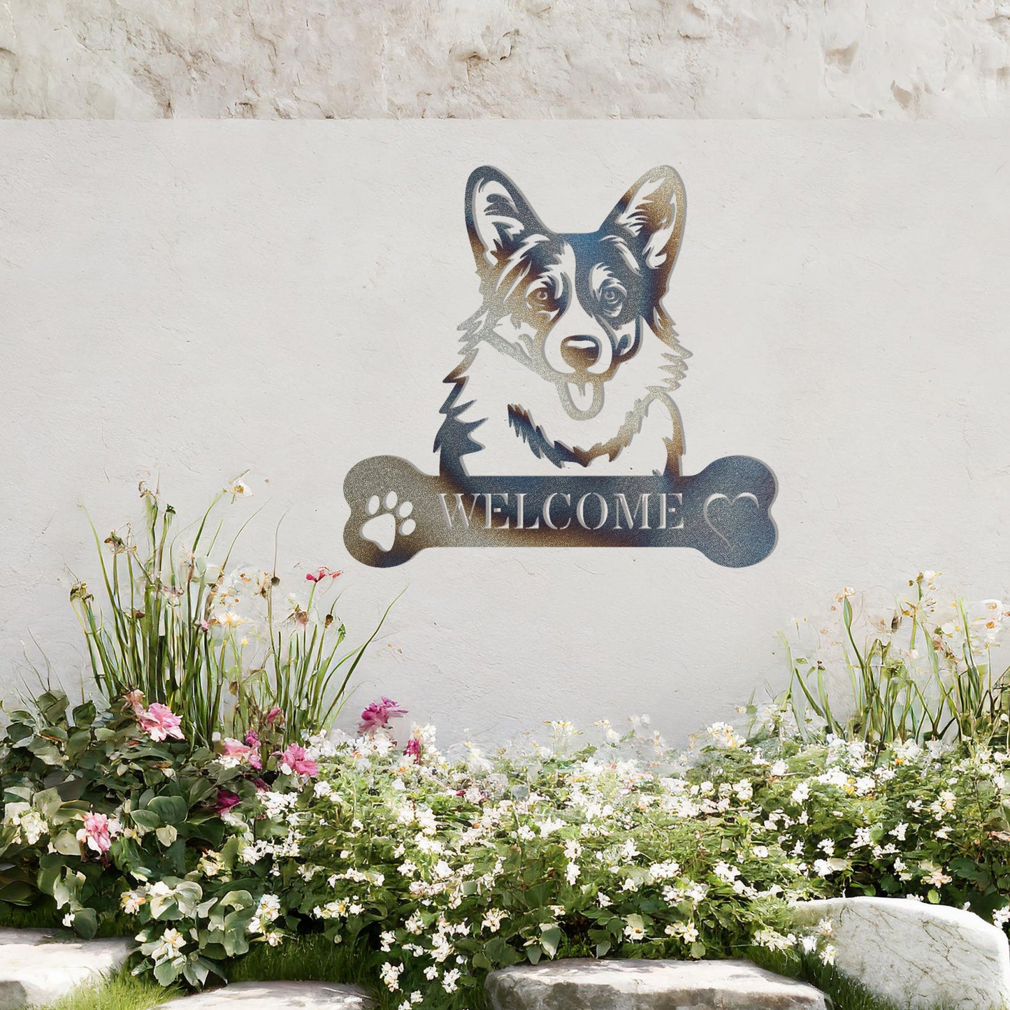 Metal Pembroke Welsh Corgi dog design with a bone-shaped 'WELCOME' text and paw prints, perfect for adding a charming and welcoming touch to entryways or outdoor spaces.