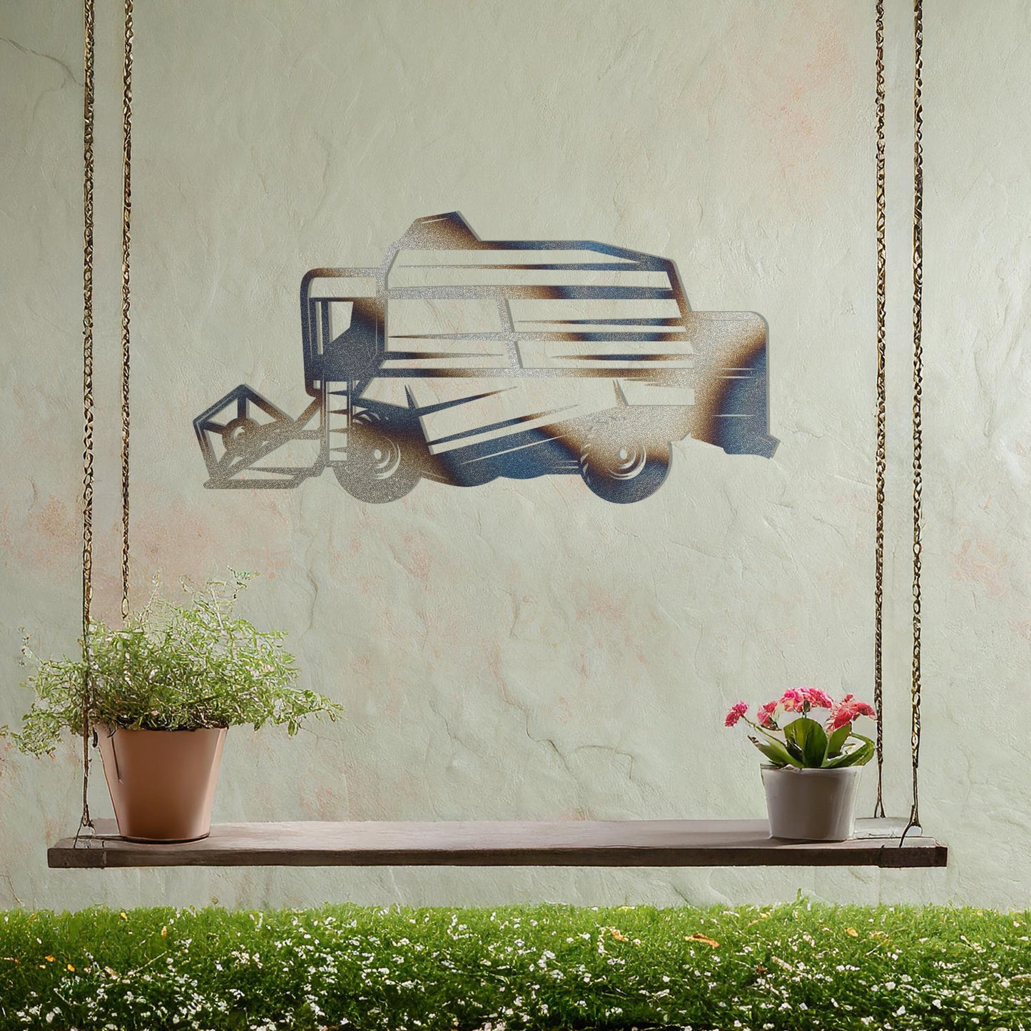 This wall art features a detailed depiction of a combine harvester, showcasing intricate lines and precise cuts that highlight its machinery and structure. Ideal for agricultural-themed spaces or as a gift for farming enthusiasts.
