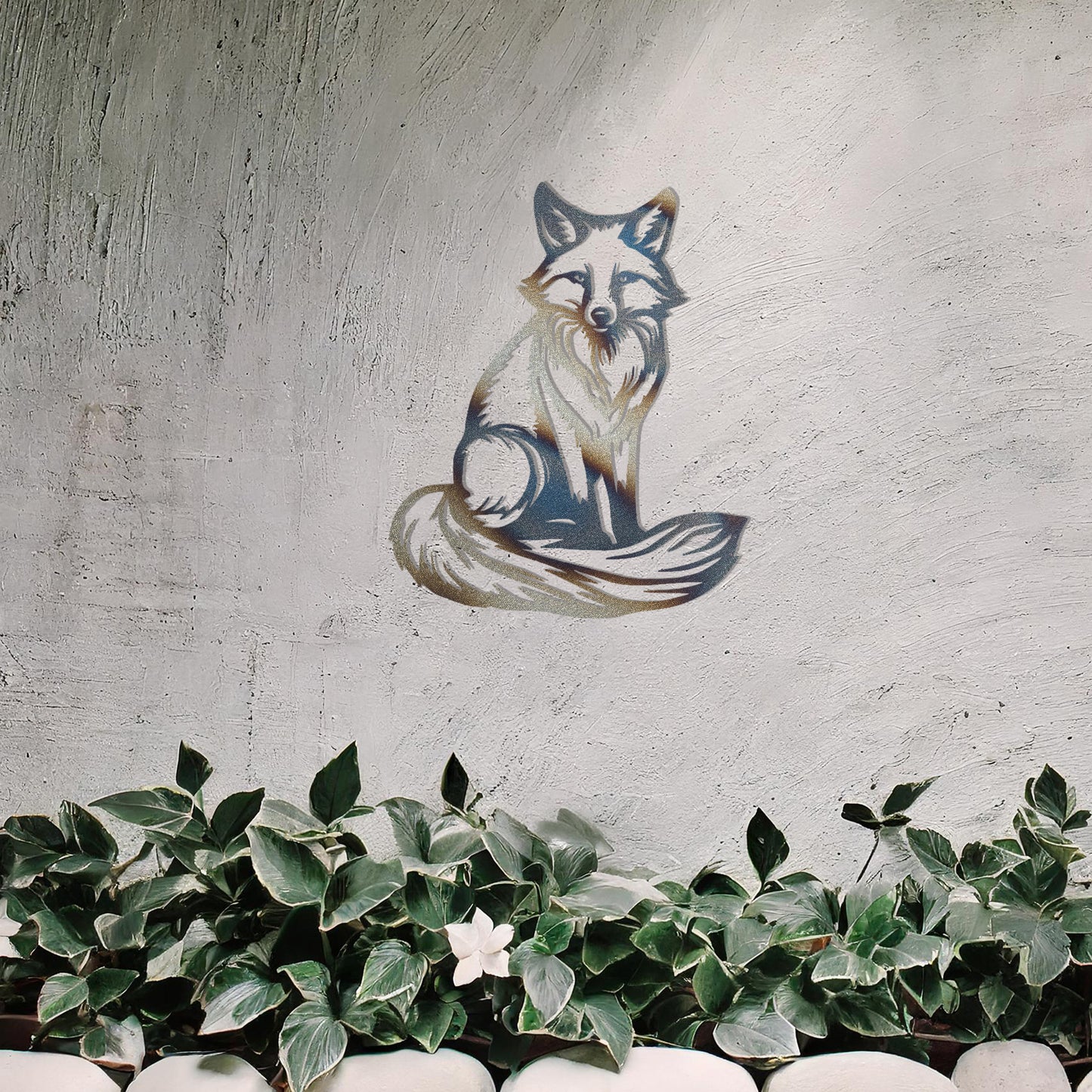 This metal wall art design features a sitting fox with a bushy tail, embodying a calm and majestic presence. The intricate detailing highlights the fox's fur and facial expression, making it a perfect addition to your decor for a natural and elegant touch.