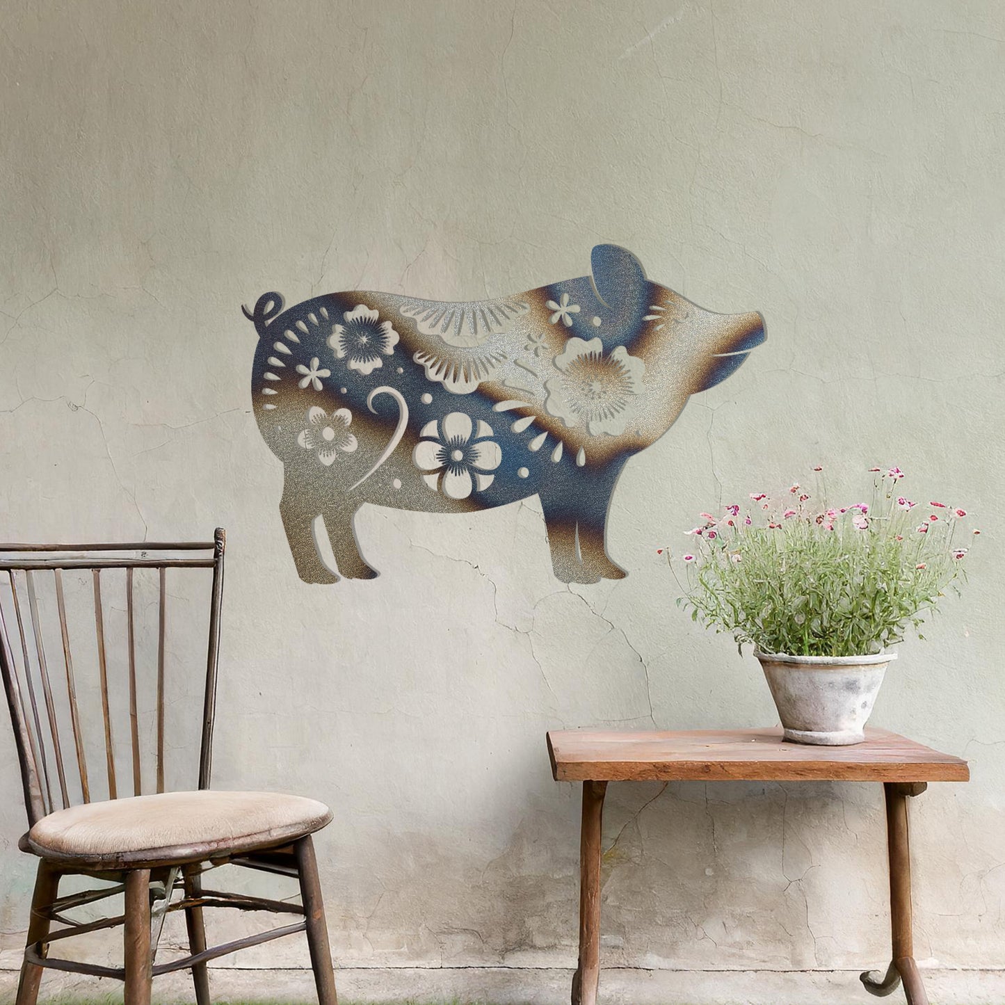 This design features a charming pig silhouette adorned with delicate floral patterns and intricate decorative details. The whimsical style of the artwork makes it a delightful addition to spaces looking for a playful yet artistic element. Perfect for rustic or countryside-inspired settings.