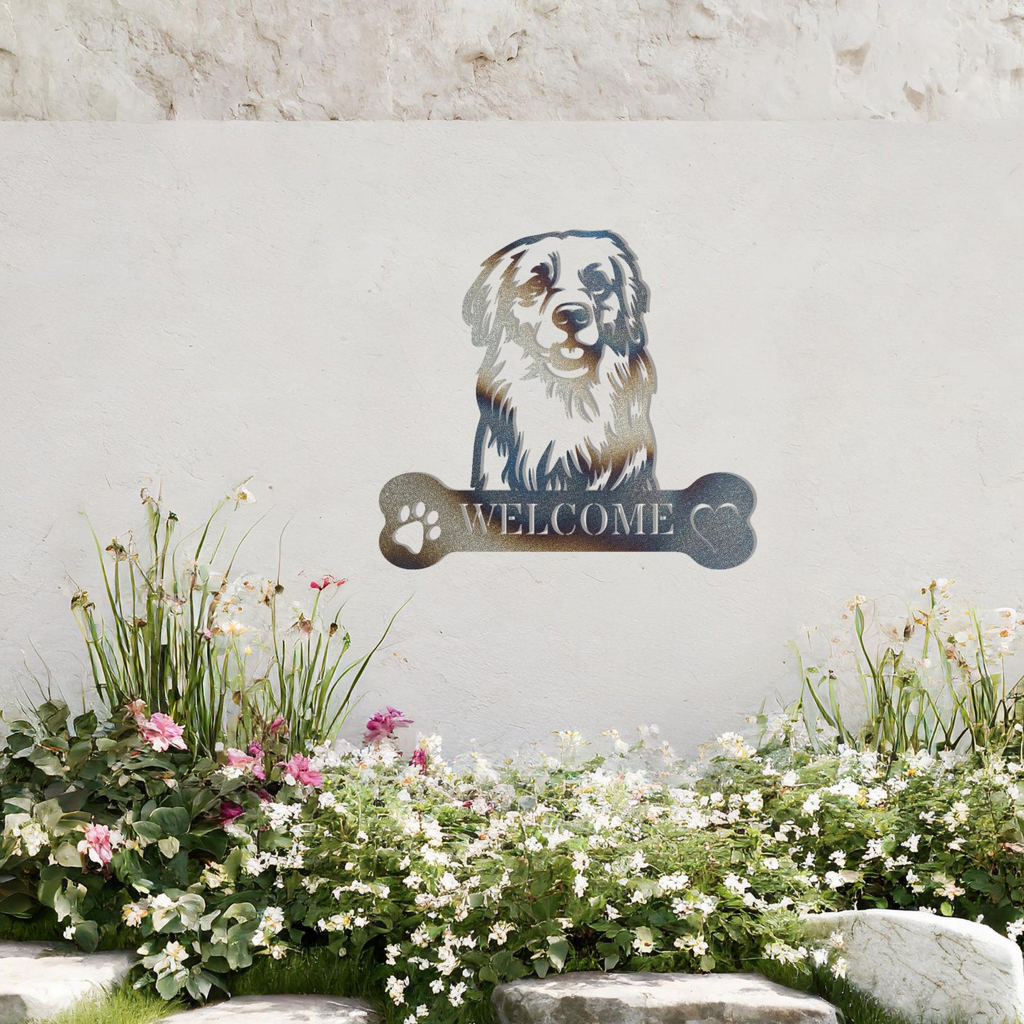 Metal Golden Retriever dog design with a bone-shaped 'WELCOME' text and paw prints, perfect for adding a friendly and welcoming touch to entryways or outdoor spaces.
