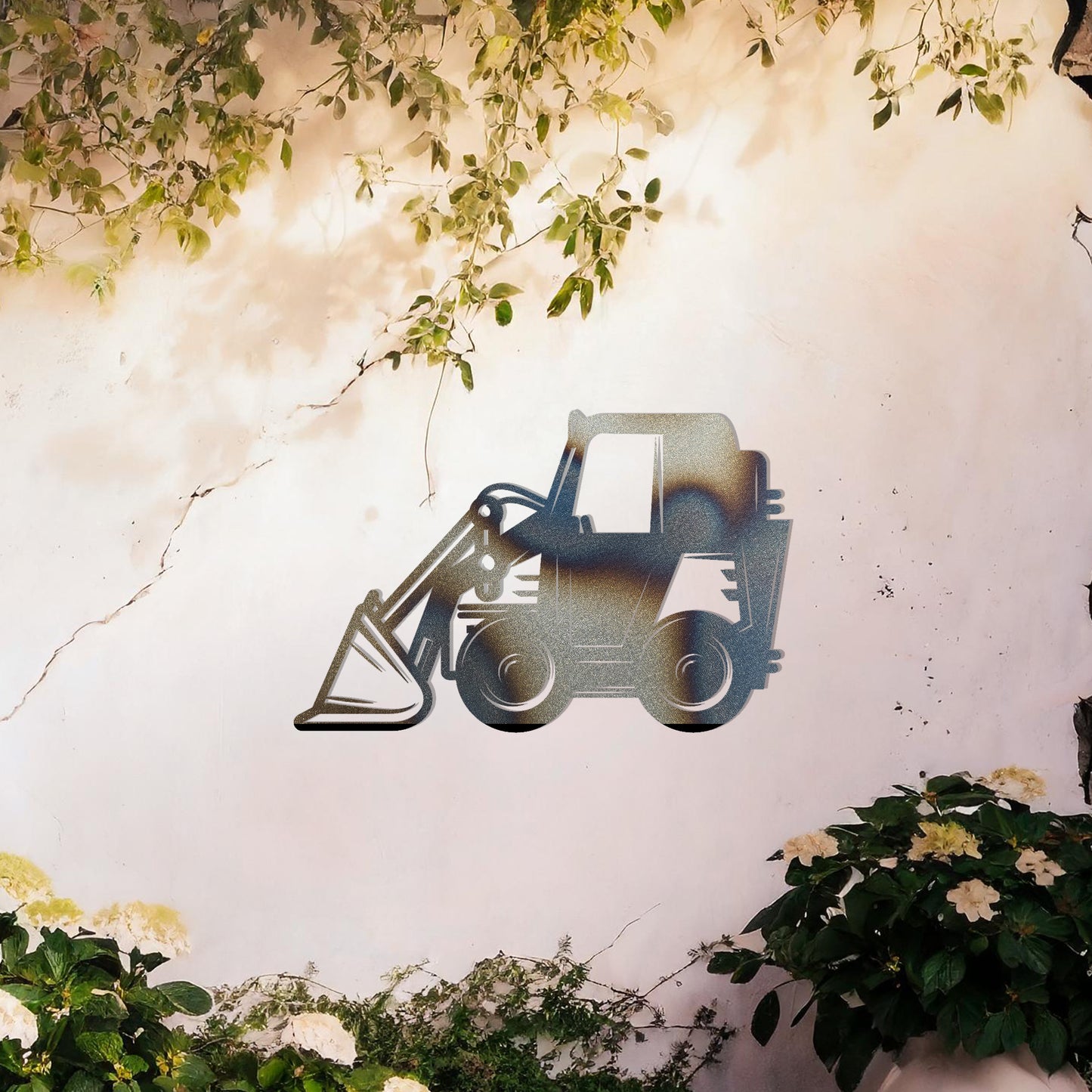 This design highlights a construction vehicle silhouette, featuring a detailed depiction of a backhoe loader with clear lines and bold shapes. Perfect for adding a rugged, industrial charm to a space or as a unique gift for heavy machinery enthusiasts.