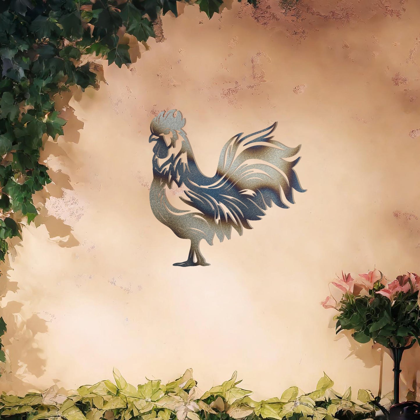 This design showcases a proud rooster standing tall with intricate feather details, capturing the essence of rural charm and elegance. Its bold silhouette and artistic lines make it a striking decor piece for farmhouse or countryside-themed spaces.
