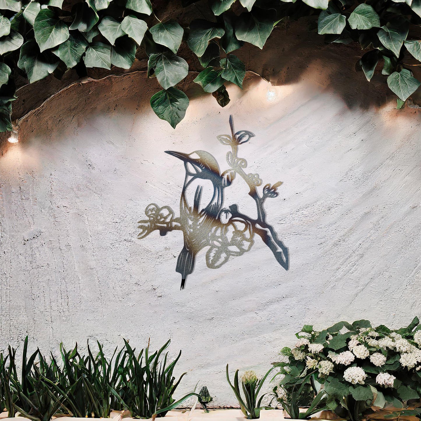 This design showcases a perched bird surrounded by detailed blossoms and branches. The intricate artistry highlights the bird's delicate features and the natural elegance of the flowers, making it a beautiful addition to any nature-inspired space.