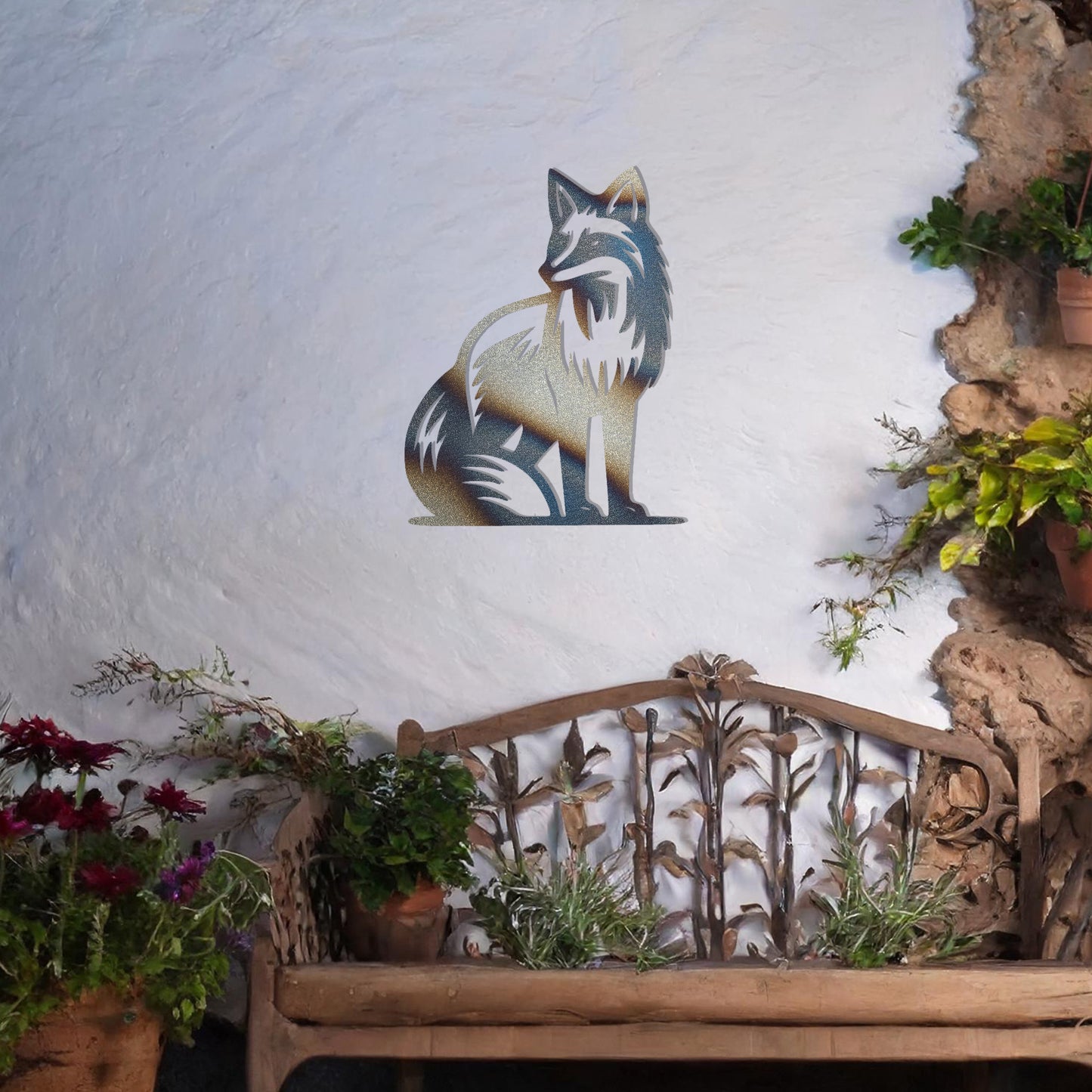 This design features a seated fox with graceful detailing and a poised stance. The intricate line work captures the essence of the fox's fur and its sleek form, making it a stunning decorative piece for any nature-inspired or rustic-themed space.
