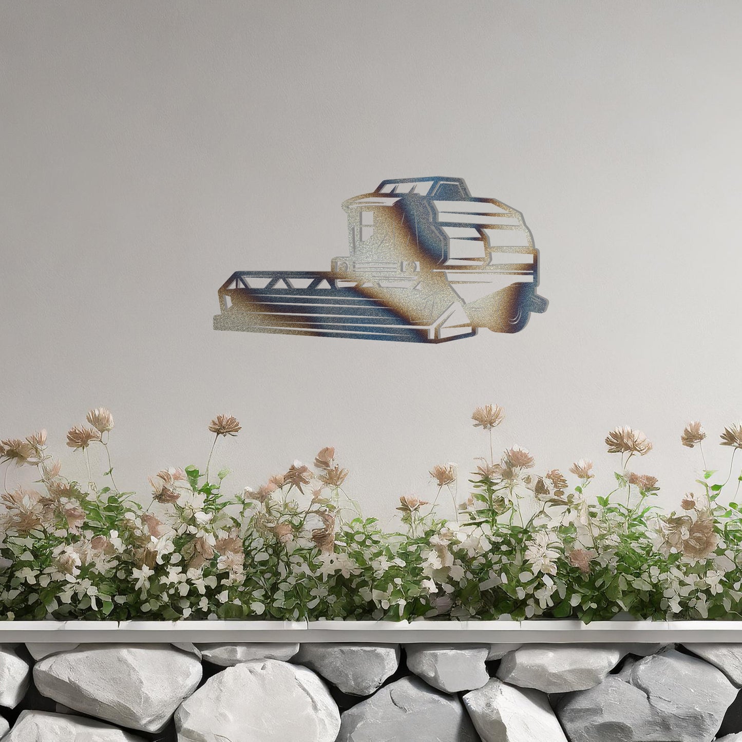 Metal wall art featuring a detailed illustration of a combine harvester, designed with bold lines and geometric shapes, ideal for those passionate about farming or agriculture.