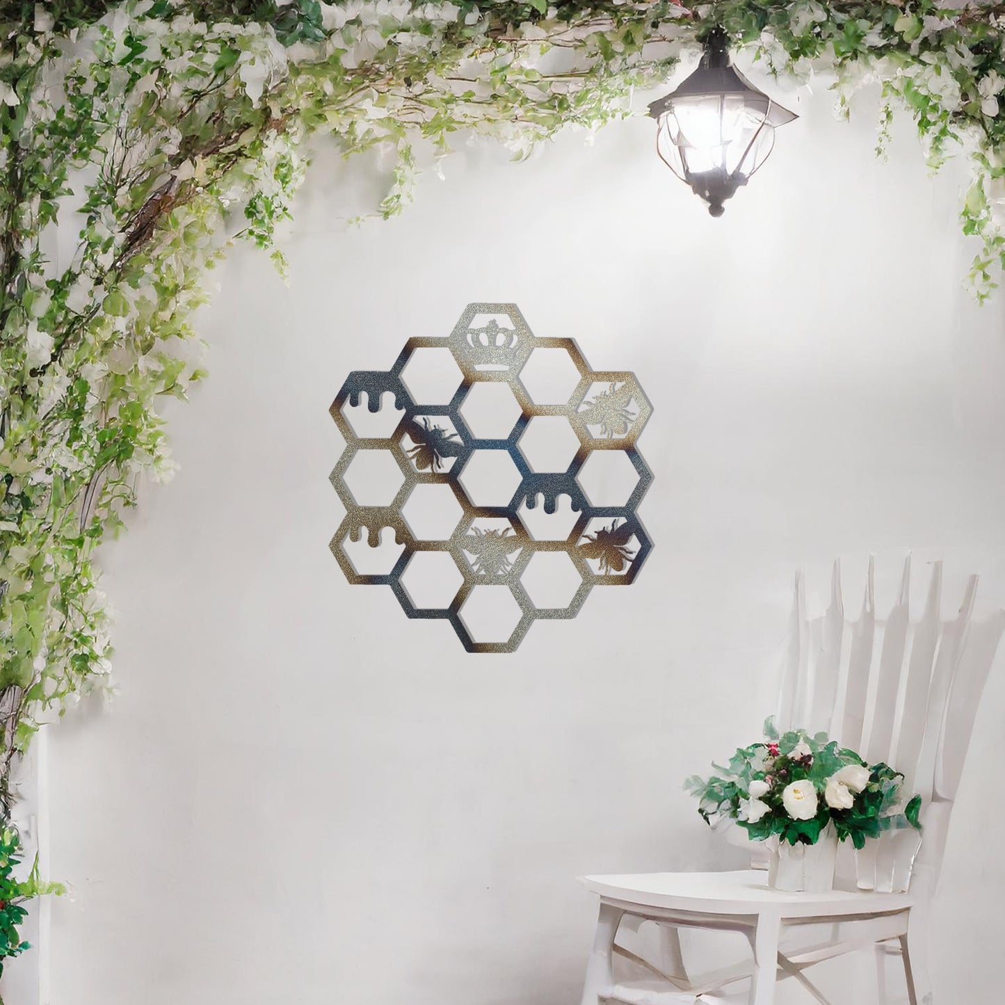 This design showcases a geometric honeycomb pattern with detailed depictions of bees and crowns within the hexagonal cells. The intricate arrangement symbolises the industrious and regal nature of bees, making it a stunning and meaningful decor piece.