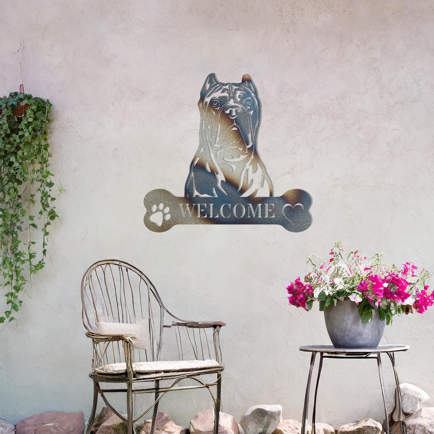 Metal Cane Corso dog design with a bone-shaped 'WELCOME' text and paw prints, perfect for adding a strong and welcoming touch to entryways or outdoor spaces.