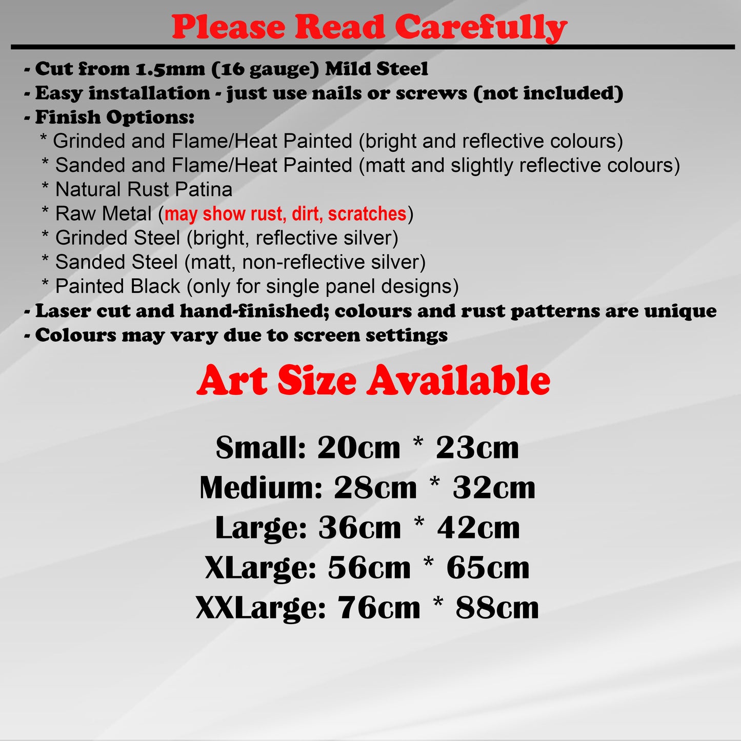 Duke Craft - Metal Garden Art Size Guide and art details, Material, finish options, fittings explained.