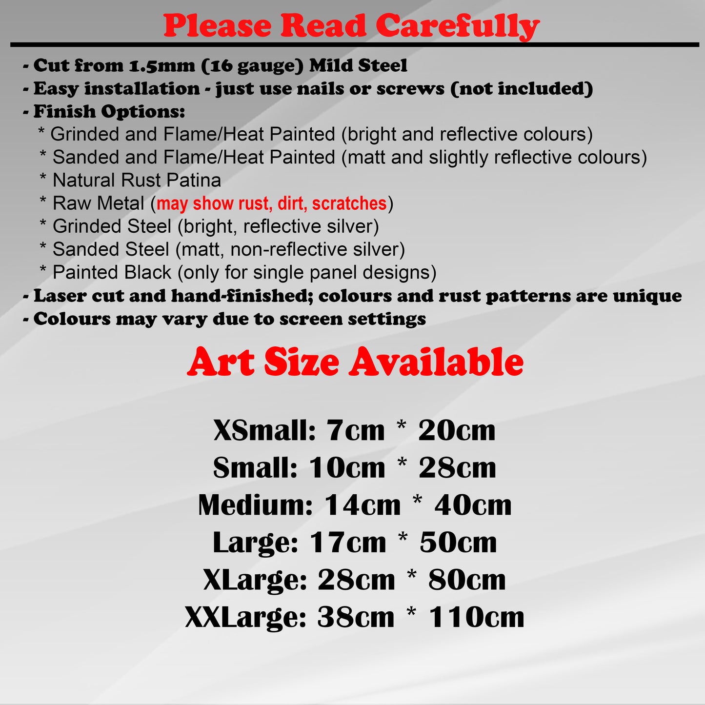 Duke Craft - Metal Garden Art Size Guide and art details, Material, finish options, fittings explained.