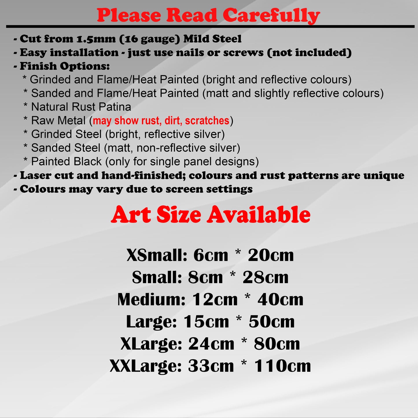 Duke Craft - Metal Garden Art Size Guide and art details, Material, finish options, fittings explained.