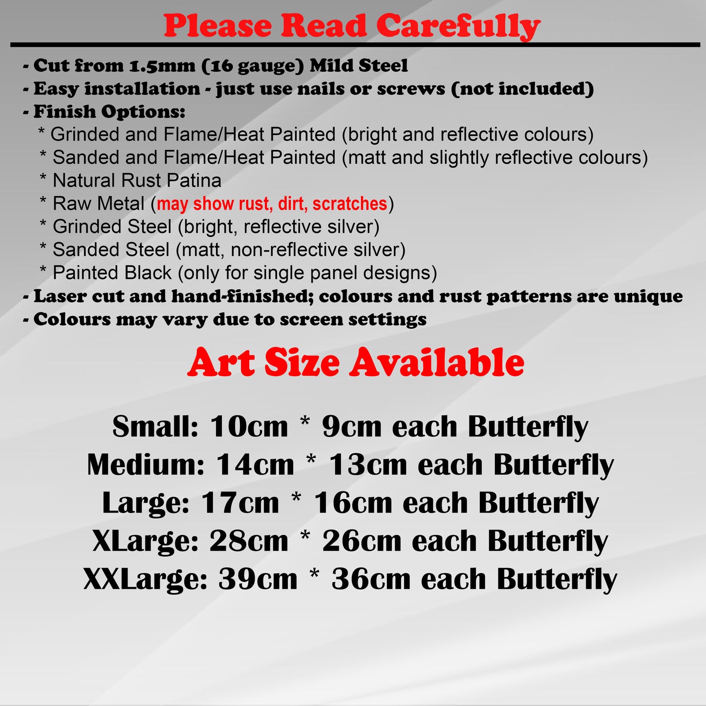Duke Craft - Metal Garden Art Size Guide and art details, Material, finish options, fittings explained.