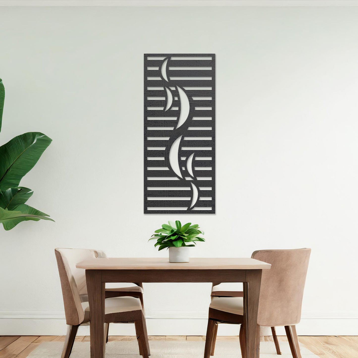 Wall art featuring a vertical design with curved lines and horizontal slats creating a balanced geometric pattern. The piece is displayed on a neutral wall within modern room decor, adding a sleek and artistic element to the space.