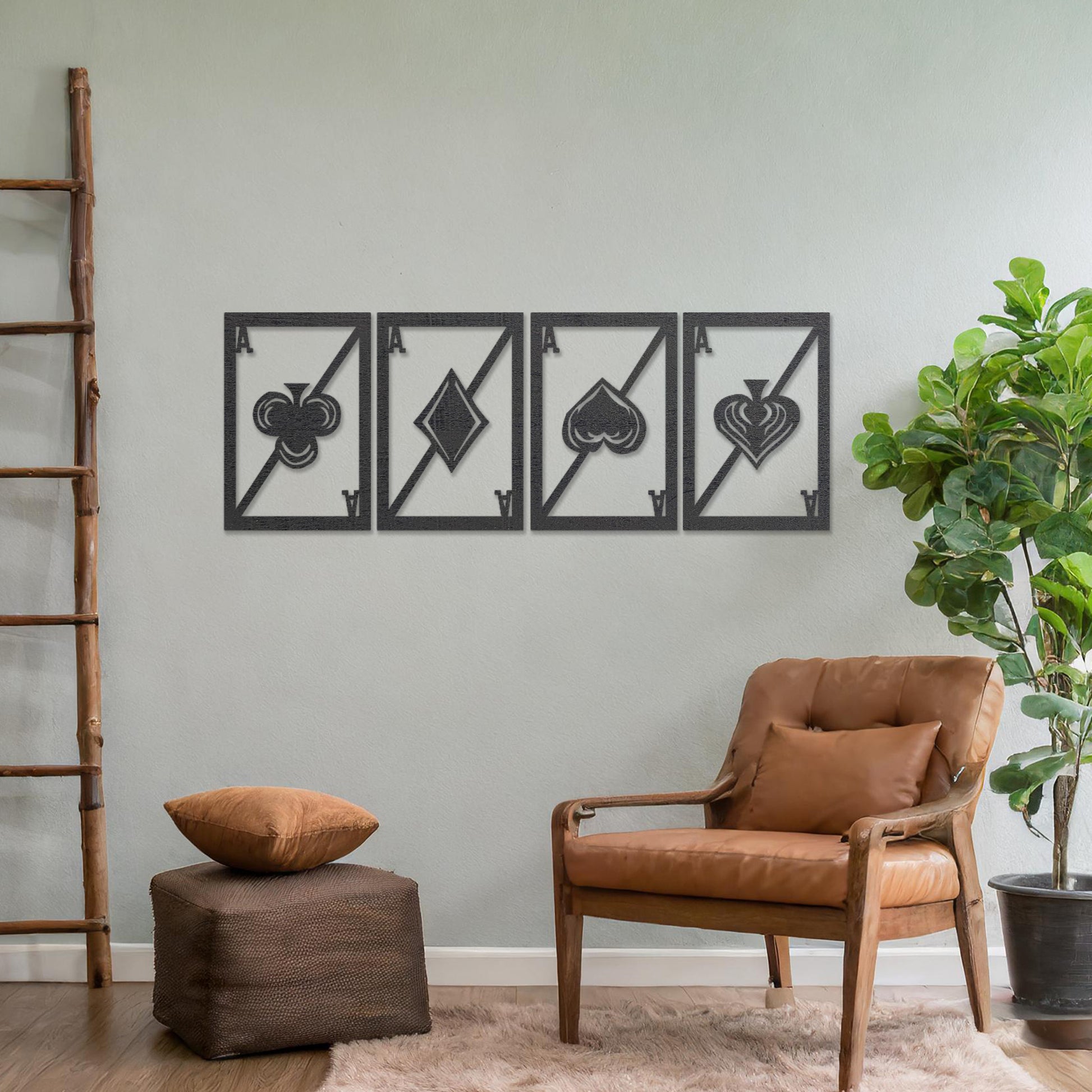 Wooden wall art featuring a set of four panels with playing card ace designs, each showcasing a club, diamond, heart, and spade symbol, displayed on a neutral wall within modern room decor, highlighting its bold and creative craftsmanship.