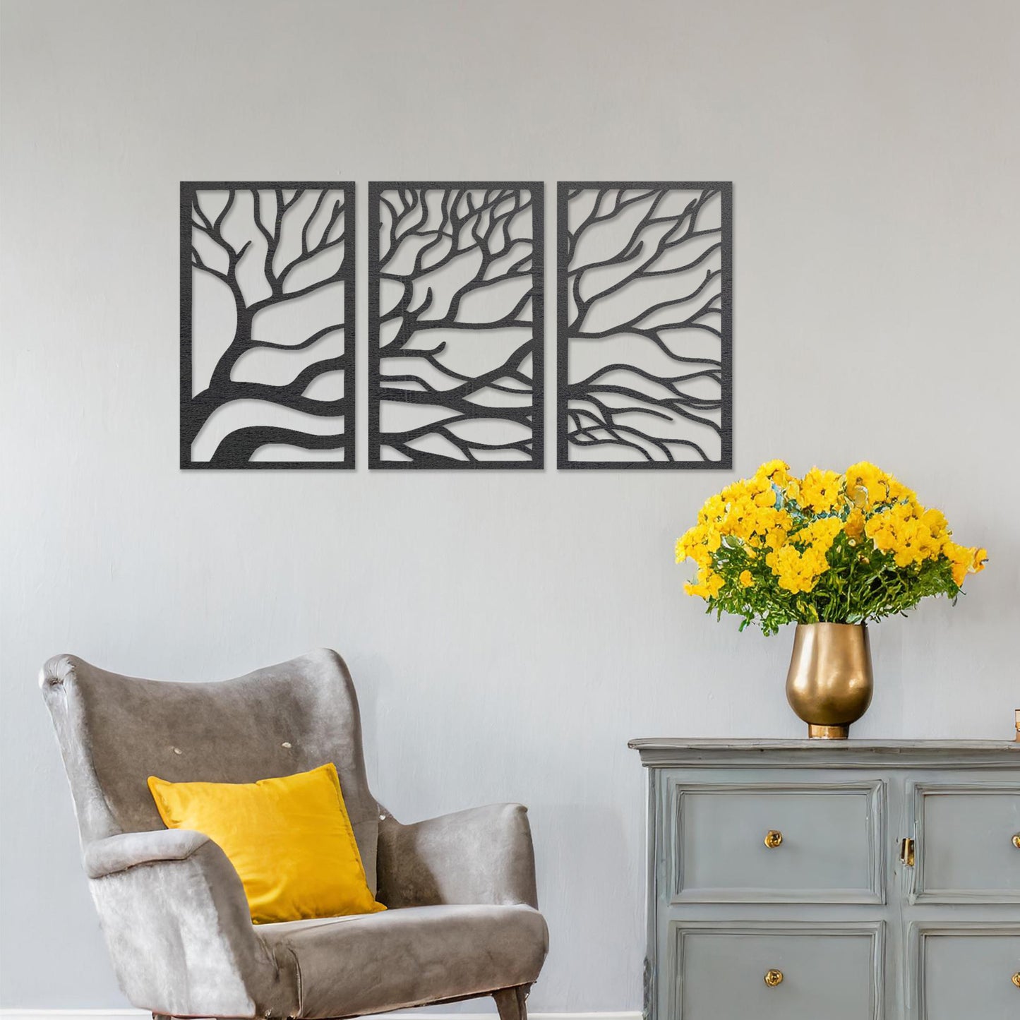 Three-panel wall art featuring intricate branching designs, creating a cohesive and flowing natural pattern. The artwork is displayed on a neutral wall in a modern room
