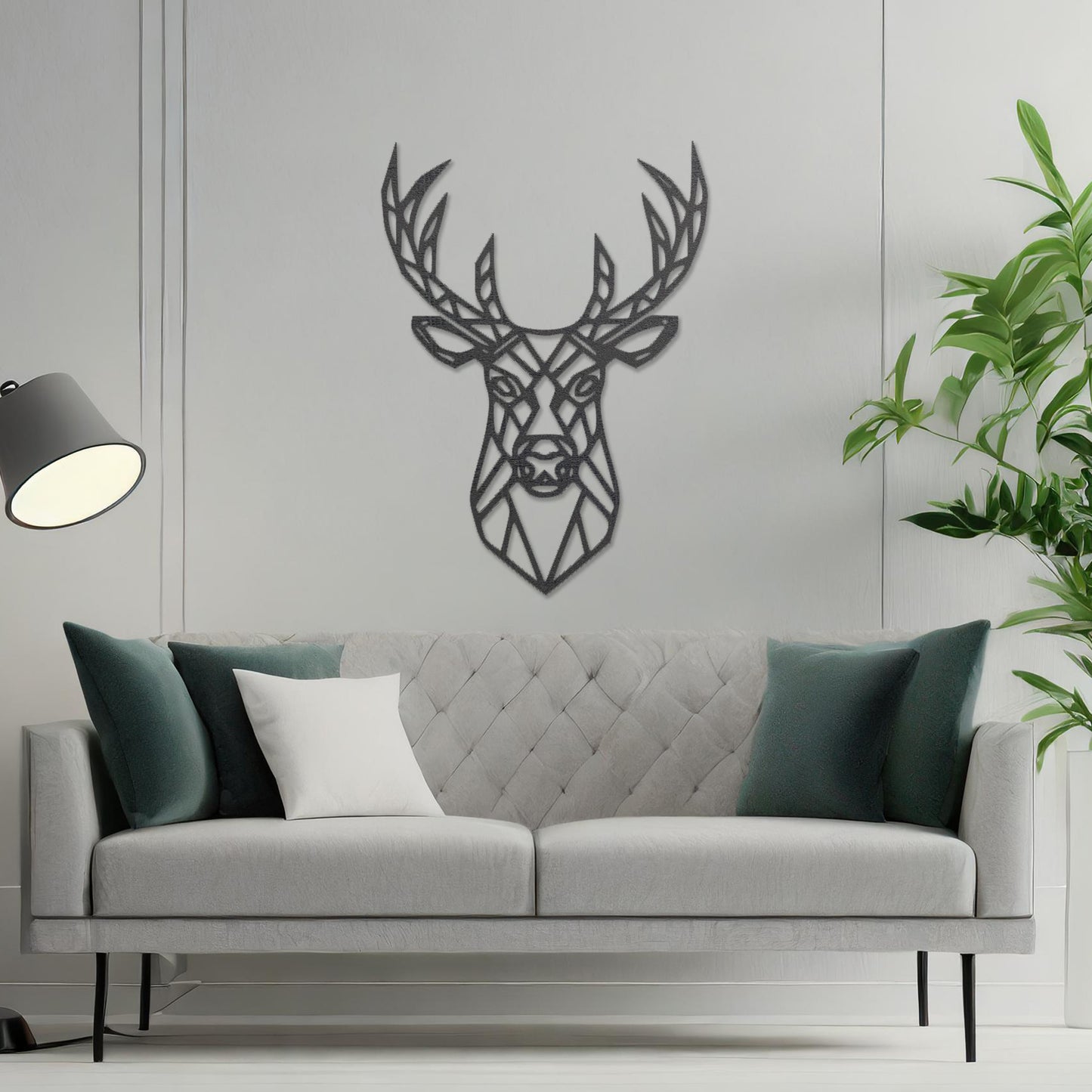 Wooden wall art featuring a geometric deer head design with intricate antlers, displayed on a neutral wall within modern room decor, showcasing its bold and contemporary artistic style.