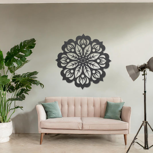 Wooden wall art featuring a circular mandala design with intricate floral and geometric patterns. The artwork is displayed on a neutral wall within modern room decor, highlighting its artistic and symmetrical elegance.