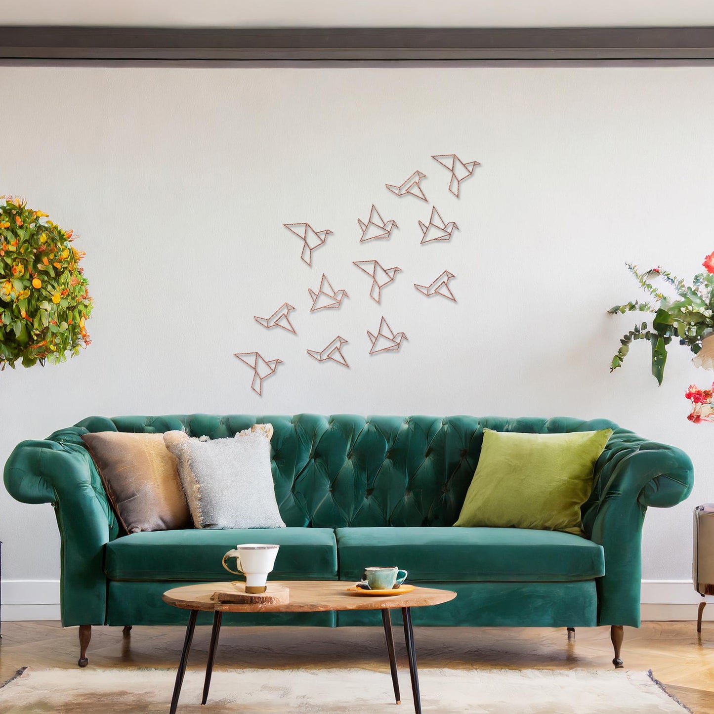 Wooden wall art featuring a flock of geometric bird designs in a scattered arrangement, creating a sense of movement. The artwork is displayed on a neutral wall within modern room decor, highlighting its dynamic and minimalist aesthetic.