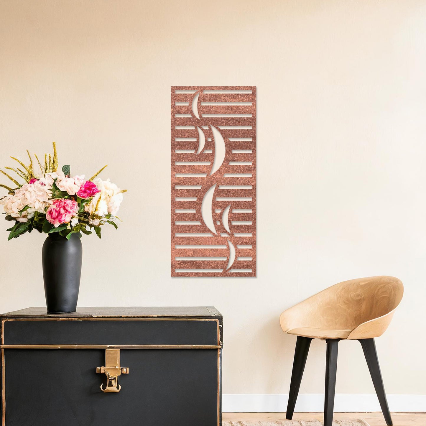 Wall art featuring a vertical design with curved lines and horizontal slats creating a balanced geometric pattern. The piece is displayed on a neutral wall within modern room decor, adding a sleek and artistic element to the space.