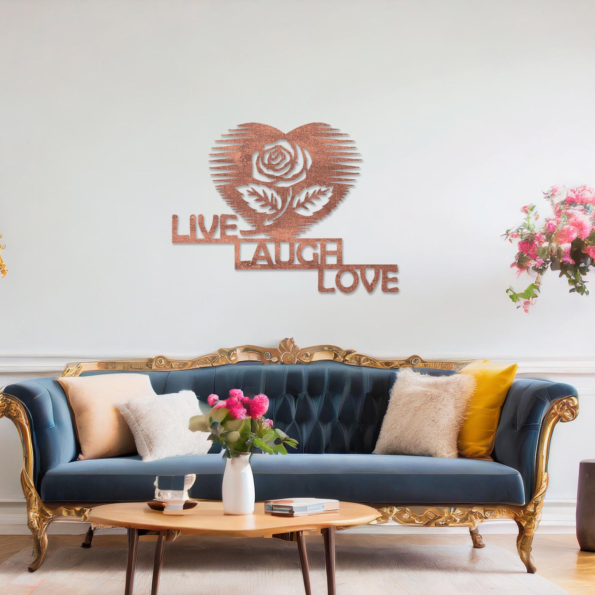 The design features the phrase "LIVE LAUGH LOVE" arranged in a staggered layout, with a rose inside a heart shape above the text. The clean, geometric lines of the text and the heart-shaped rose create a striking, modern look.