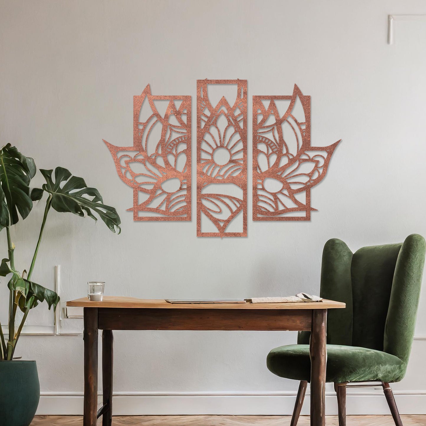 Wall art featuring a lotus-inspired floral design in three distinct panels with intricate geometric patterns. The piece is mounted on a neutral wall within modern room decor, adding elegance to the space.