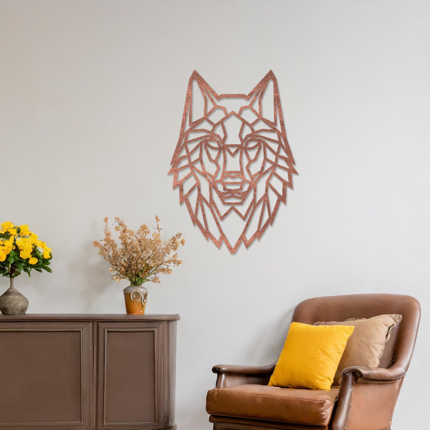 Wooden wall art featuring a geometric wolf design with sharp, angular lines. The artwork is displayed on a neutral wall within modern room decor, drawing attention to its bold and intricate pattern.