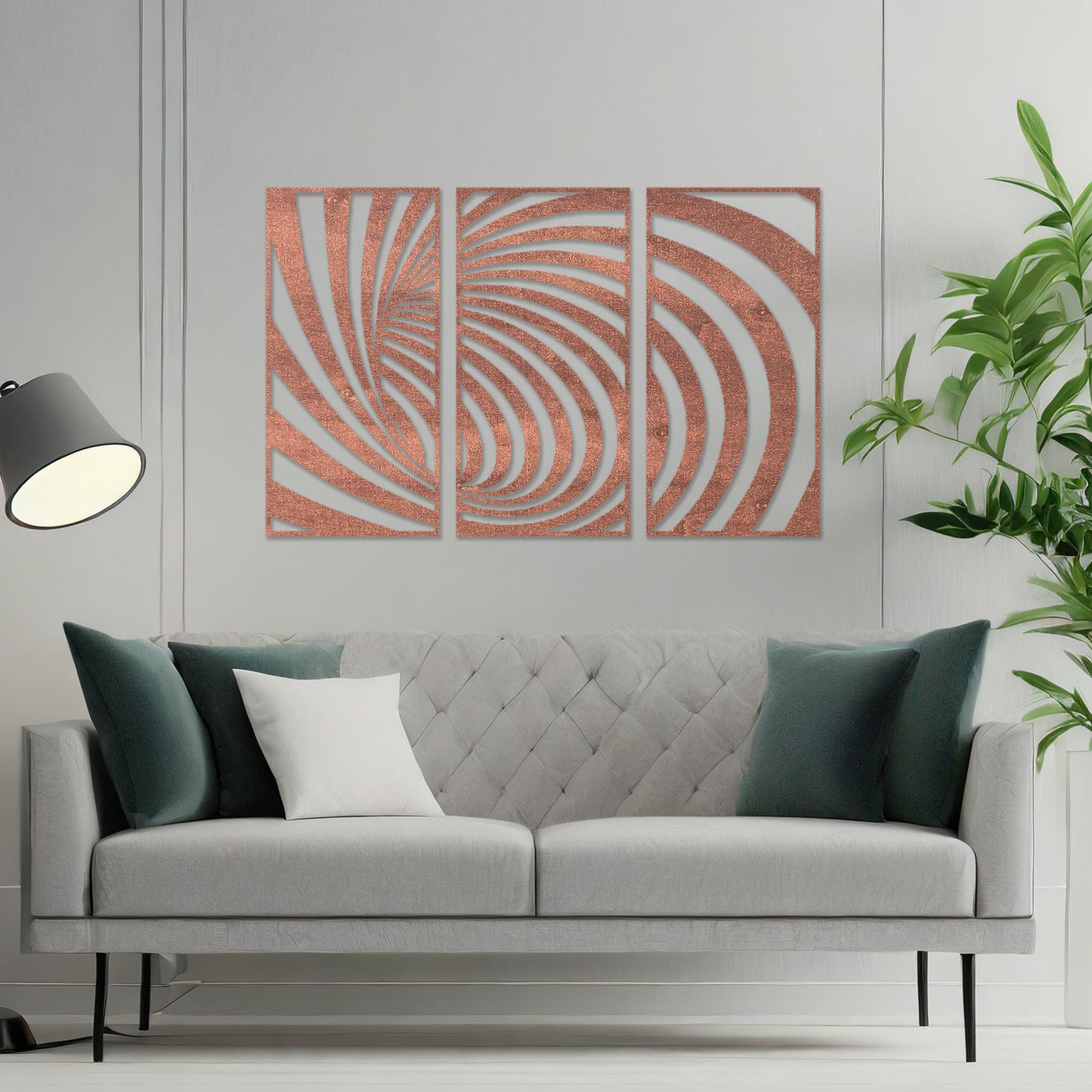 Wooden wall art comprising three panels with an abstract spiral design, displayed on a neutral wall within modern room decor, highlighting its bold and contemporary artistic craftsmanship.