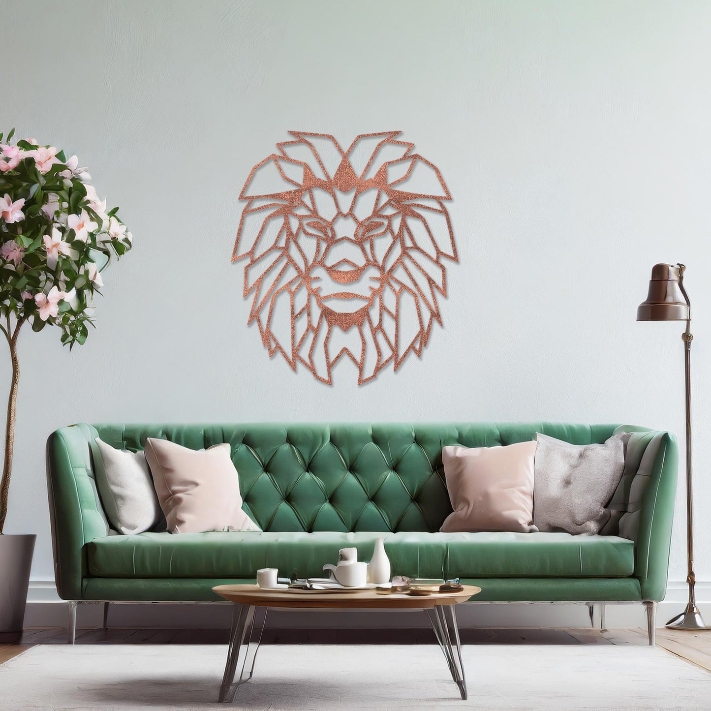 Wooden wall art showcasing a geometric lion head design with sharp, angular details, displayed on a neutral wall within modern room decor, emphasising its bold and striking craftsmanship.