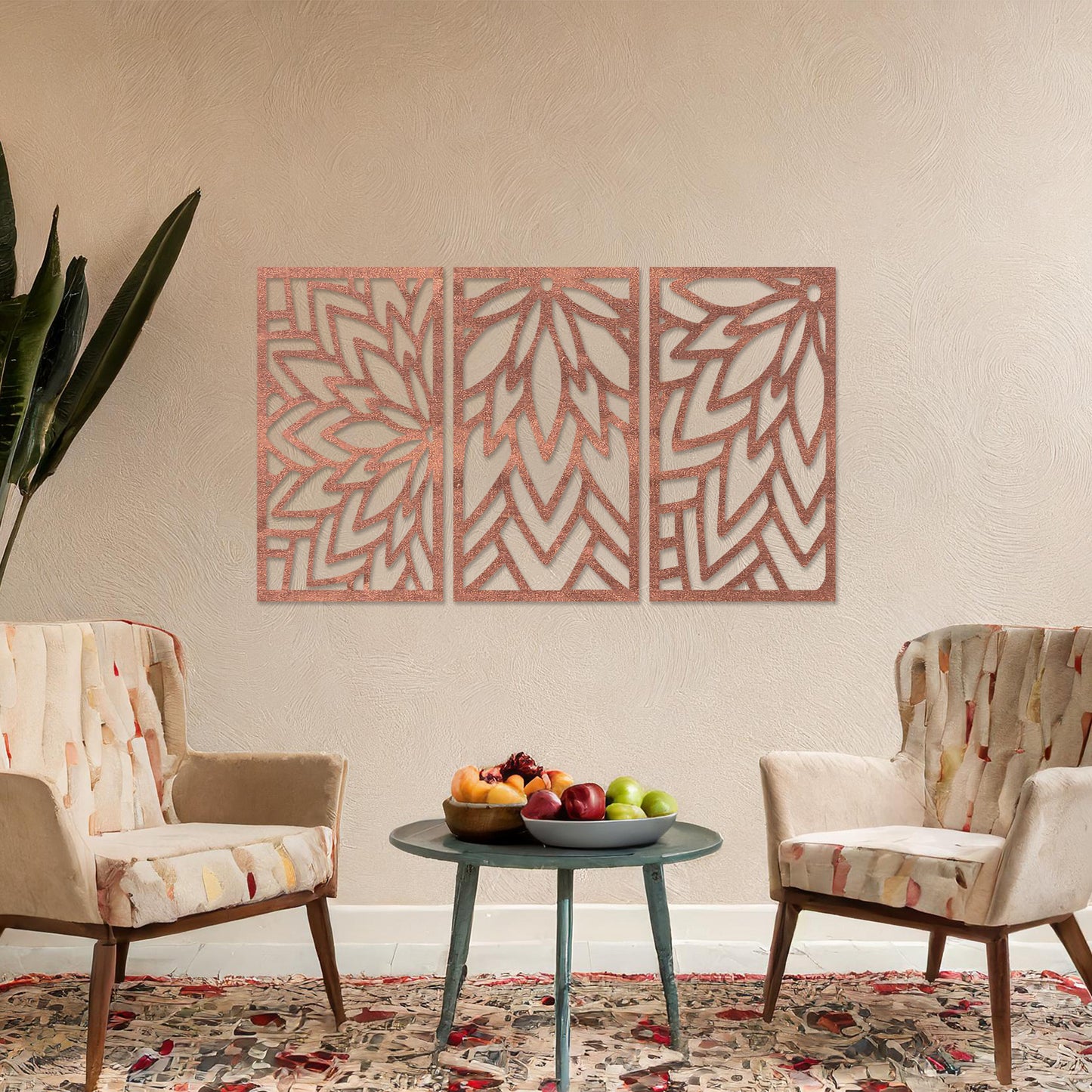 Wooden wall art featuring a three-panel floral-inspired geometric design, displayed on a neutral wall within modern room decor, highlighting its intricate patterns and contemporary craftsmanship.