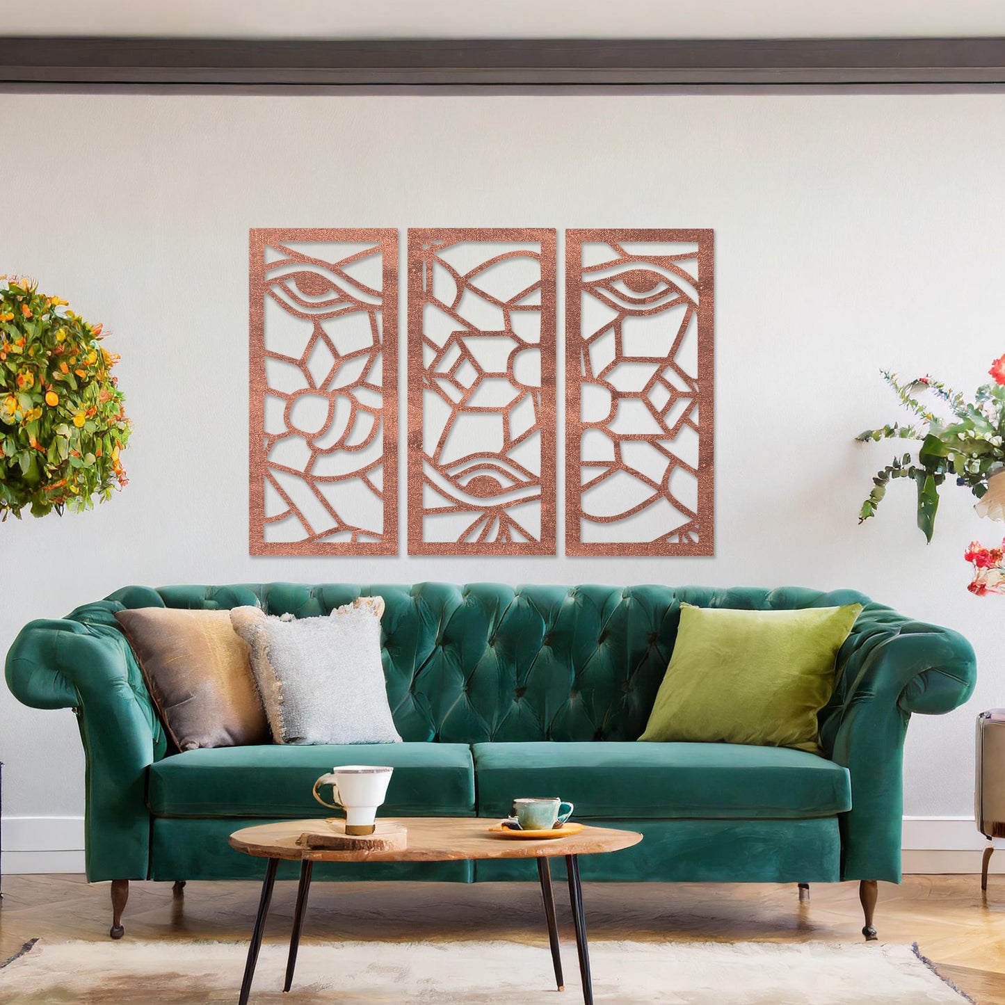 Wooden wall art featuring a three-panel abstract design with geometric shapes and eye motifs. The artwork is displayed on a neutral wall within modern room decor, showcasing its intricate and unique pattern.