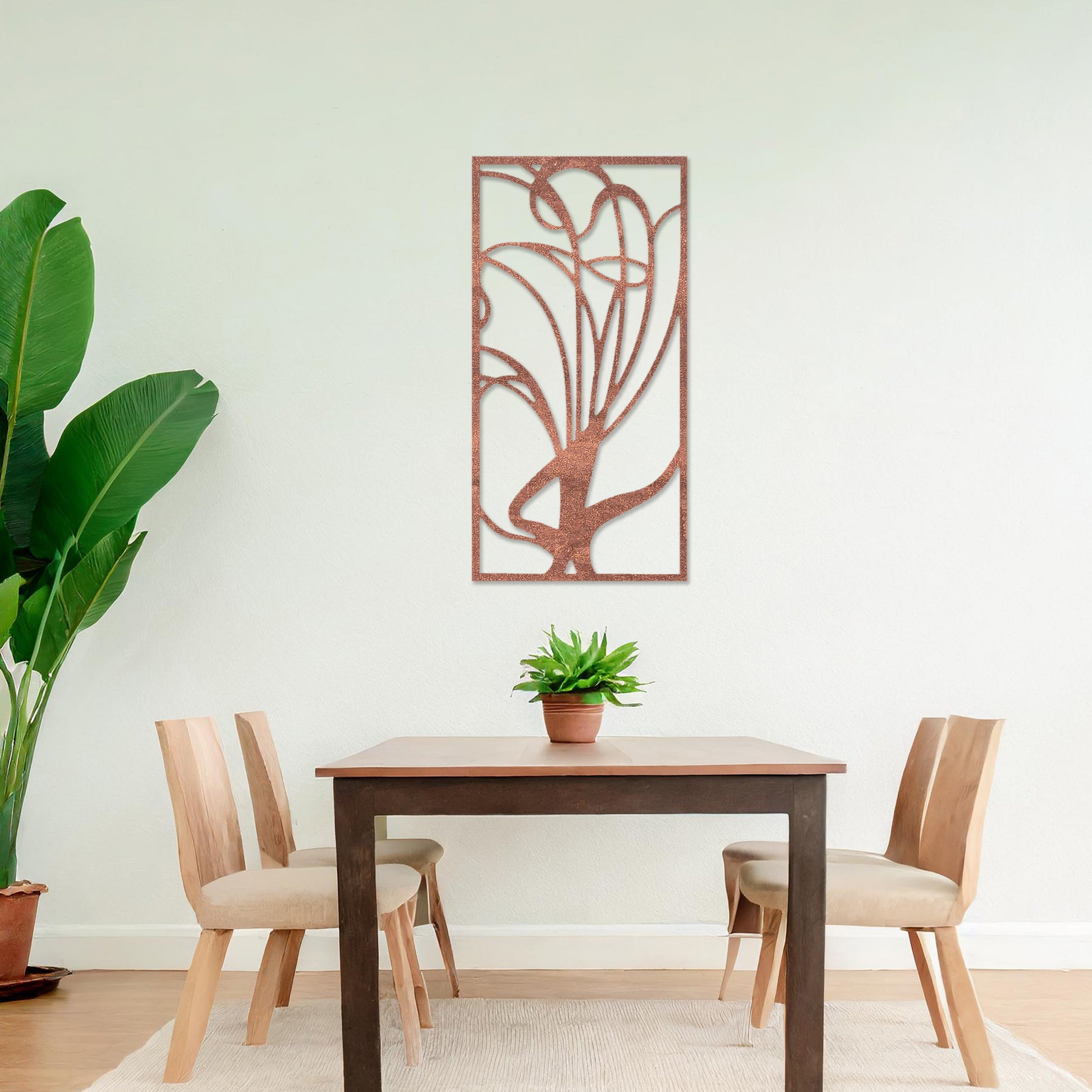 Wooden wall art featuring an abstract floral-inspired design with flowing lines, displayed on a neutral wall within modern room decor, showcasing its elegant and artistic craftsmanship.