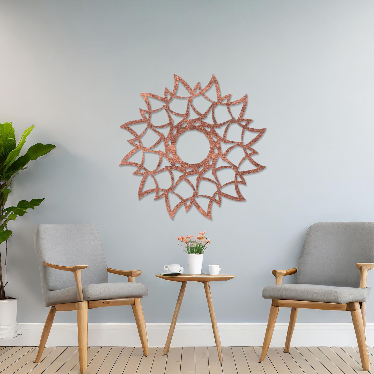 Wooden wall art featuring a circular mandala-inspired design with intricate petal-like patterns, displayed on a neutral wall within modern room decor, showcasing its elegant and detailed craftsmanship.