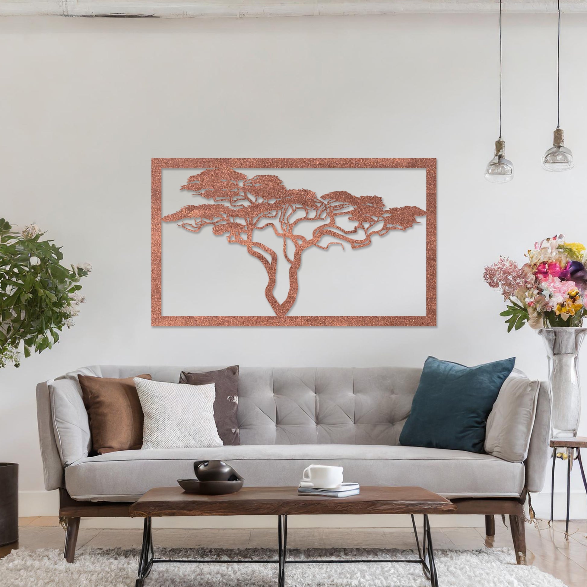 Wooden wall art featuring a rectangular design with a detailed silhouette of a tree with sprawling branches. The artwork is displayed on a neutral wall within modern room decor, showcasing its natural and artistic elegance.