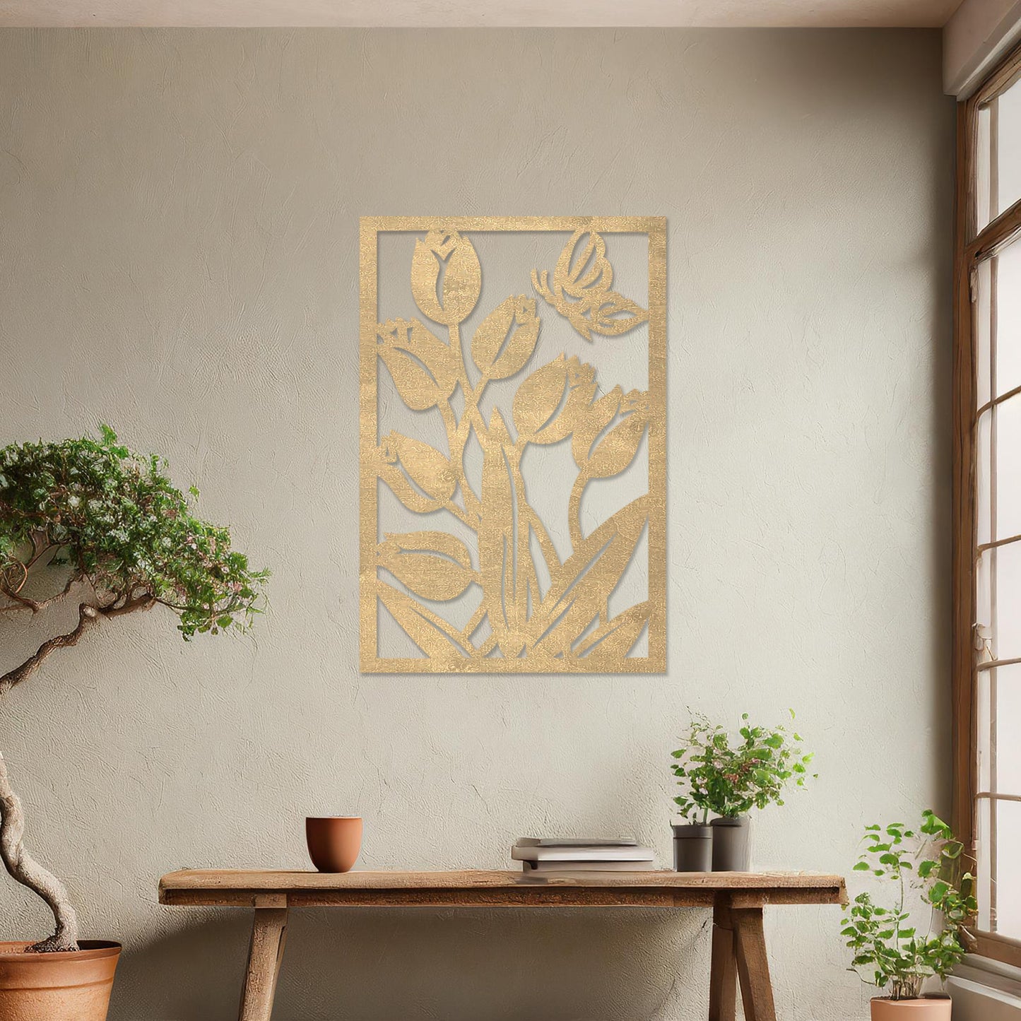 Wooden wall art design featuring tulips with a butterfly, framed in a rectangular shape, placed on a neutral wall within modern room decor. The design captures the beauty of nature with detailed plant and insect motifs.