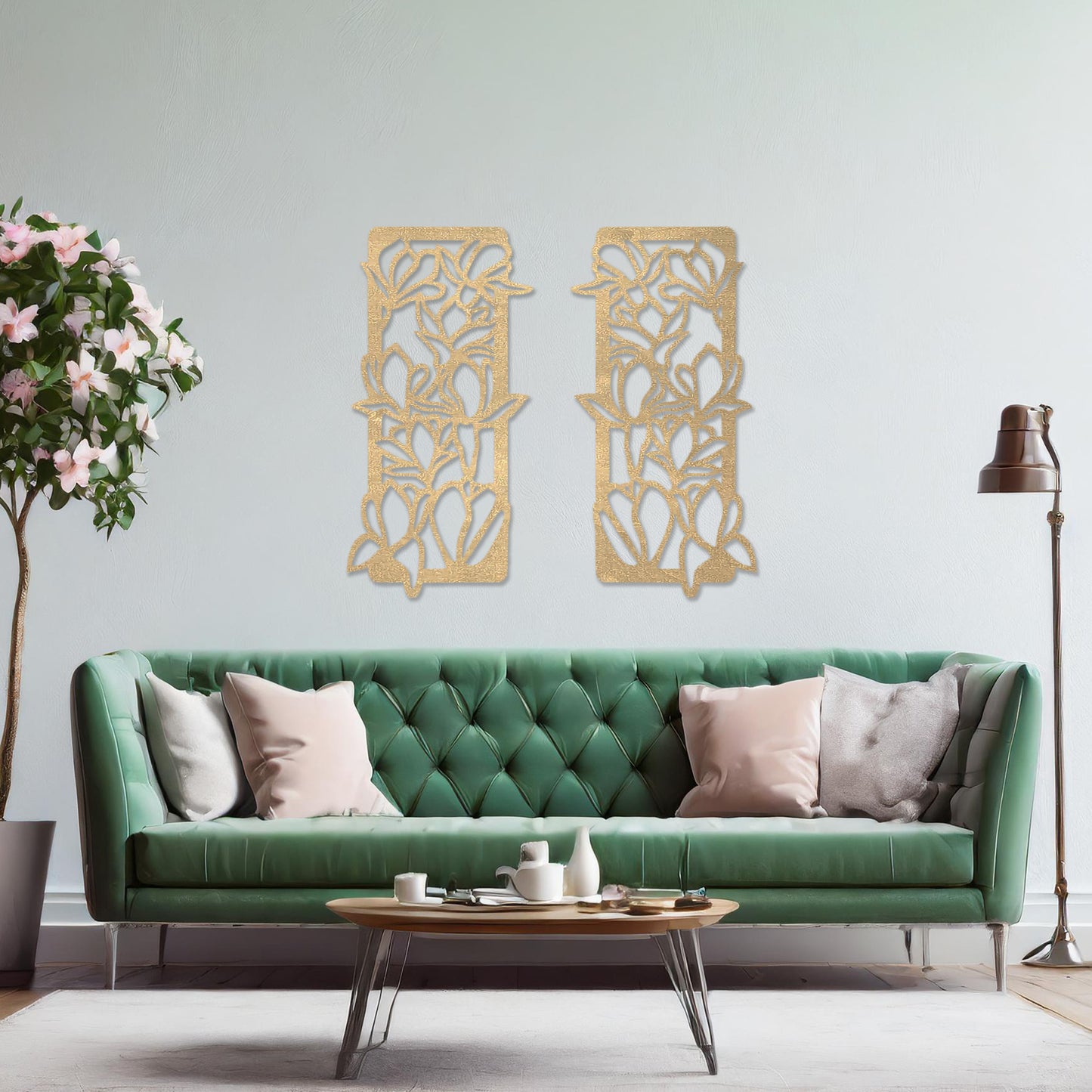 Wooden wall art featuring two rectangular panels with a floral vine design, displayed on a neutral wall within modern room decor, highlighting its elegant and nature-inspired craftsmanship.