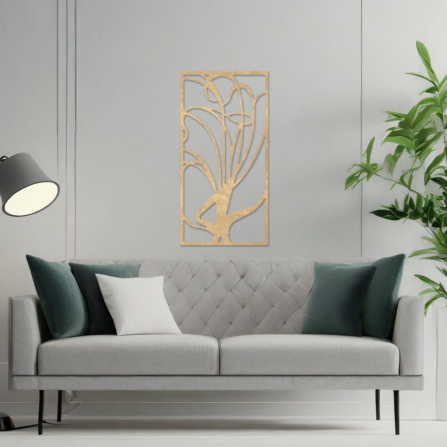 Wooden wall art featuring an abstract floral-inspired design with flowing lines, displayed on a neutral wall within modern room decor, showcasing its elegant and artistic craftsmanship.
