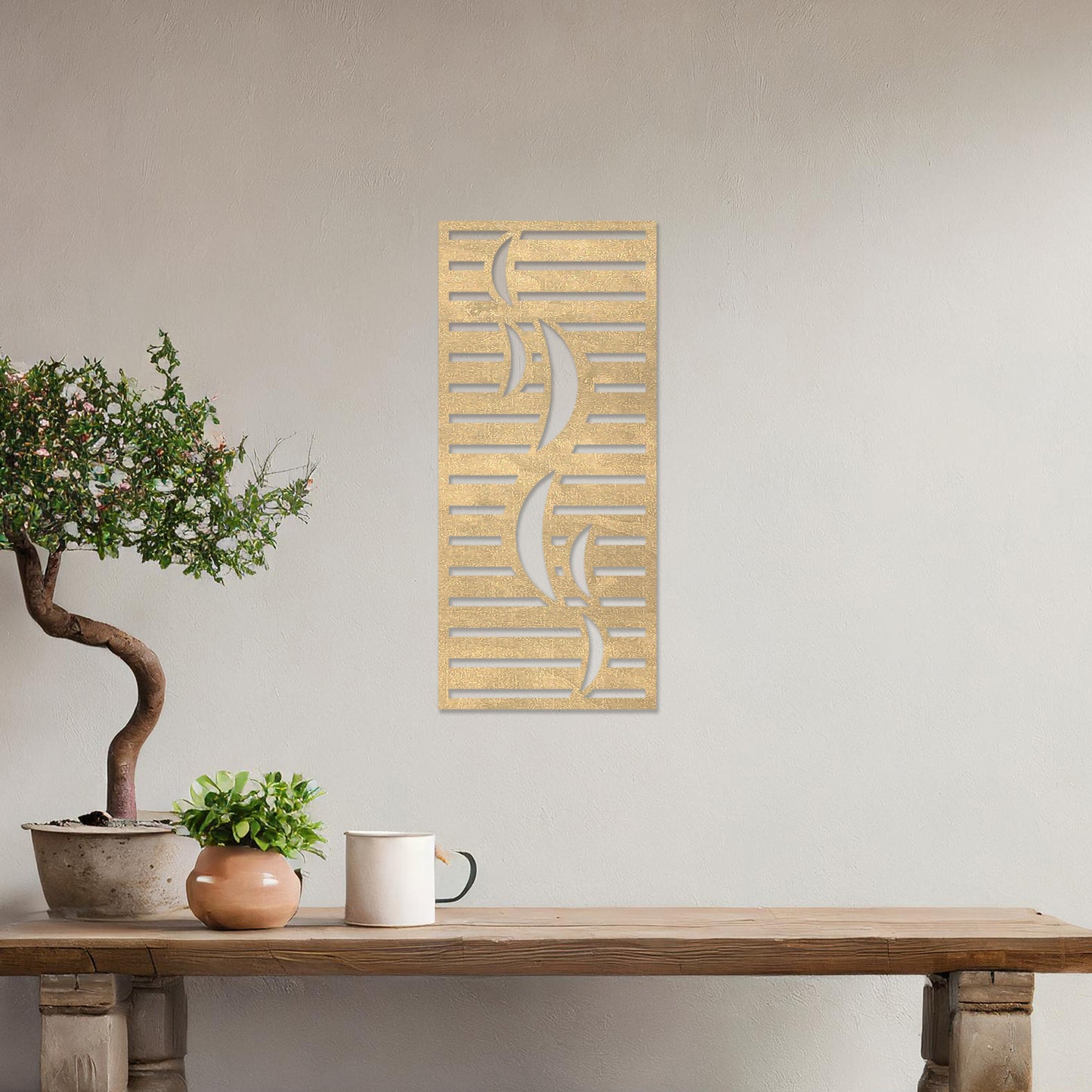 Wall art featuring a vertical design with curved lines and horizontal slats creating a balanced geometric pattern. The piece is displayed on a neutral wall within modern room decor, adding a sleek and artistic element to the space.