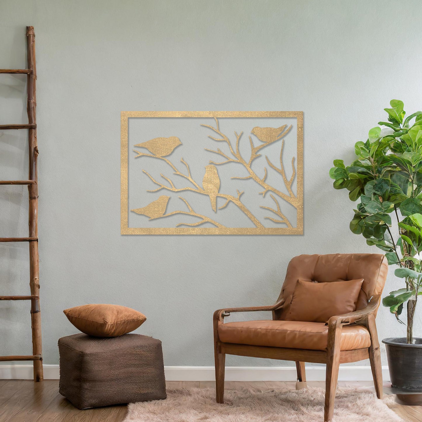 Wooden wall art featuring a rectangular design with birds perched on tree branches, displayed on a neutral wall within modern room decor, highlighting its elegant and nature-inspired craftsmanship.