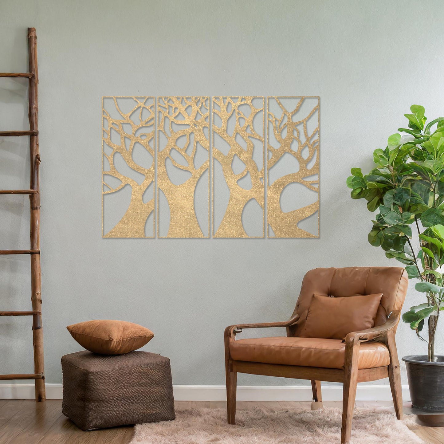 Wooden wall art featuring a set of four panels with an abstract tree design, showcasing interwoven trunks and branches, displayed on a neutral wall within modern room decor, highlighting its intricate and artistic craftsmanship.