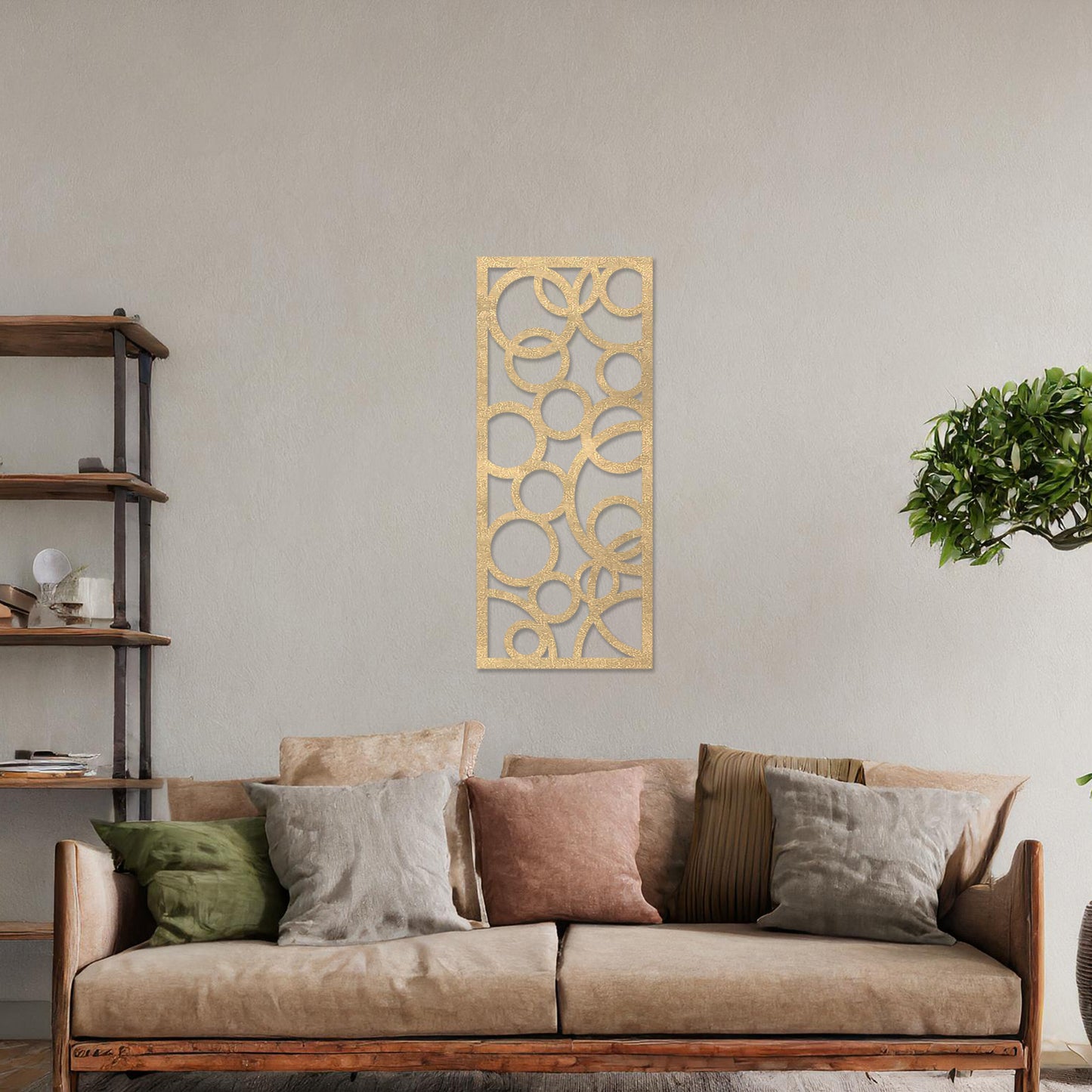 A rectangular wall art piece featuring an abstract design of overlapping circles of various sizes. The artwork is displayed on a neutral wall in a modern room,