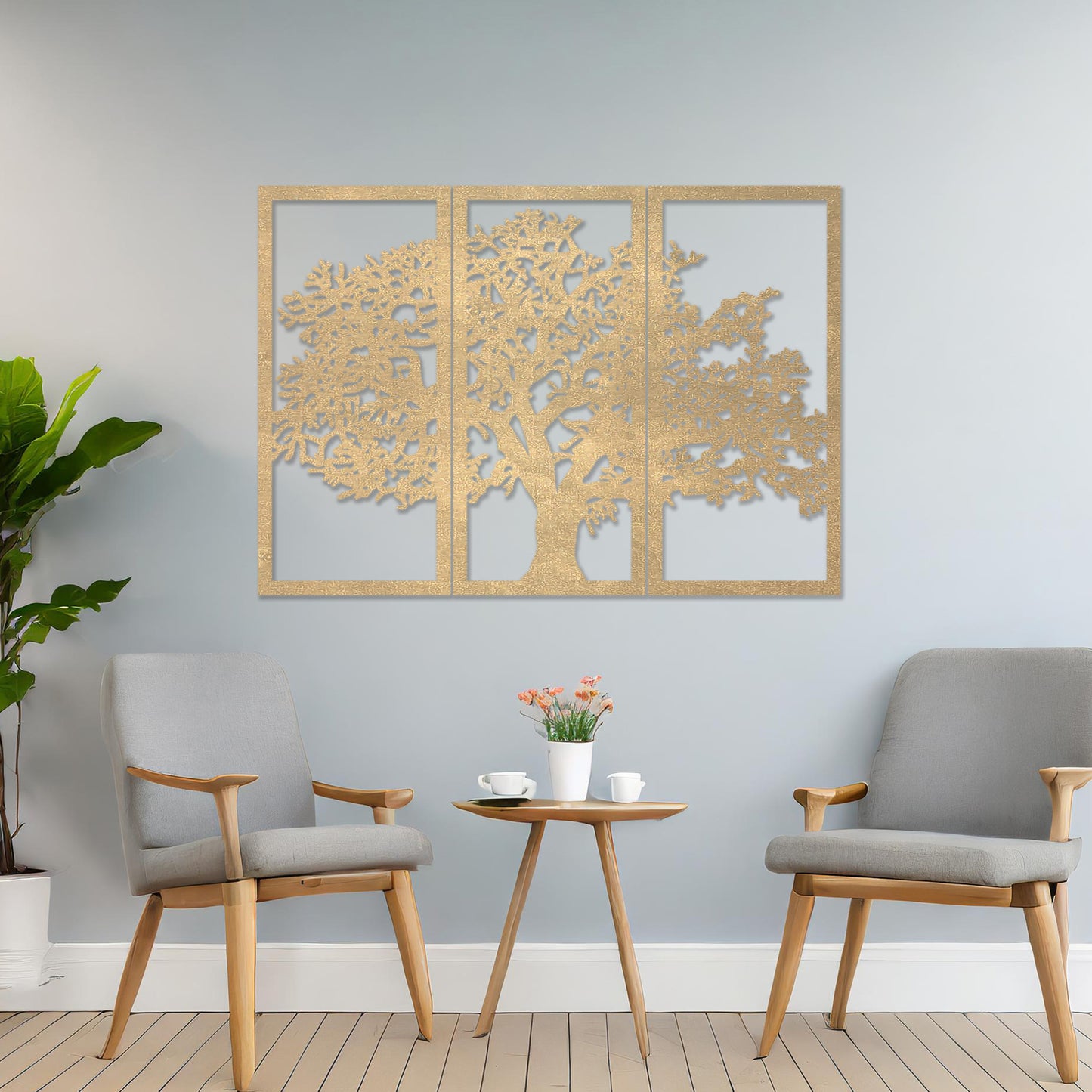 Wooden wall art in three panels depicting a detailed tree design with intricate branches, set on a neutral wall within modern room decor, highlighting its natural and artistic aesthetic.