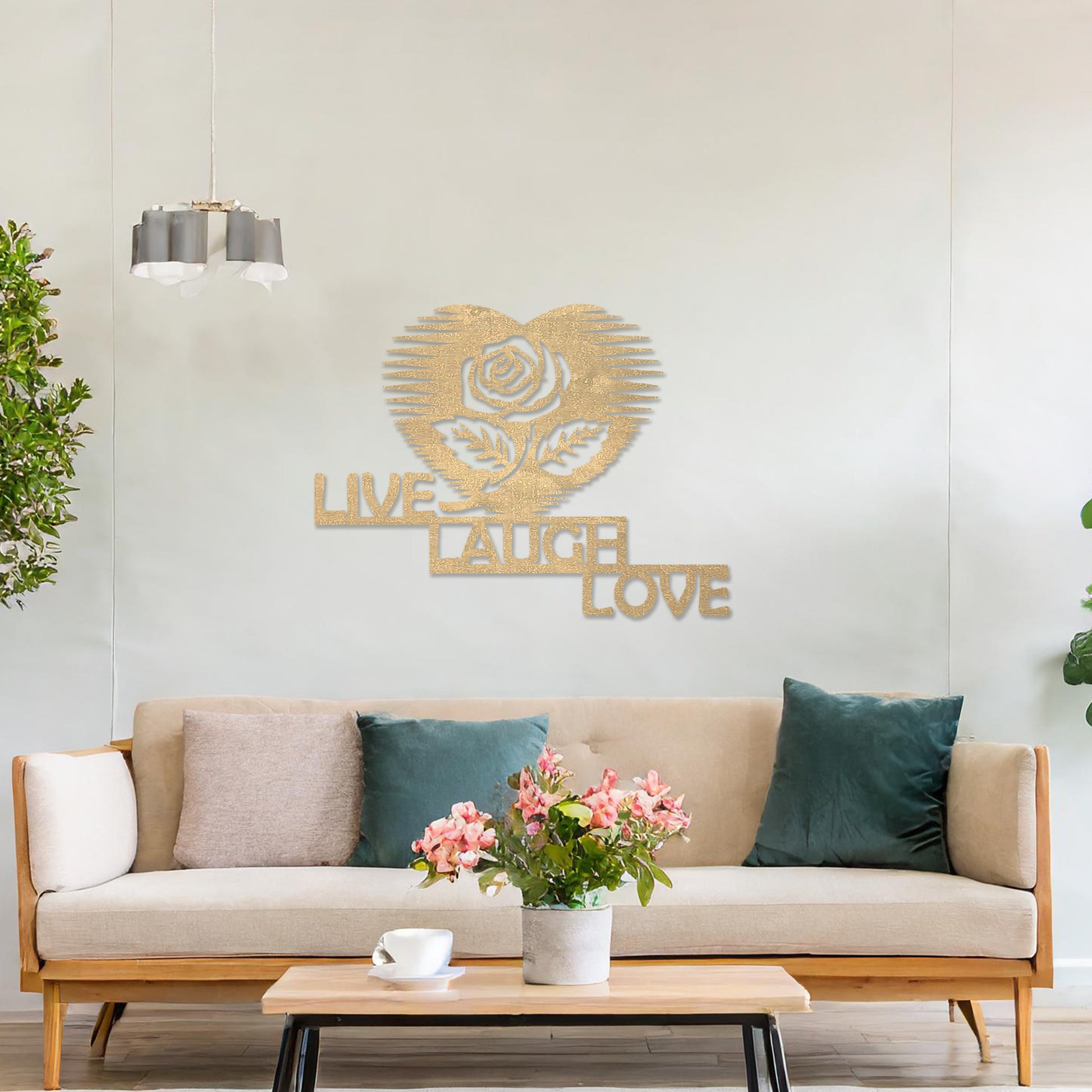 The design features the phrase "LIVE LAUGH LOVE" arranged in a staggered layout, with a rose inside a heart shape above the text. The clean, geometric lines of the text and the heart-shaped rose create a striking, modern look.
