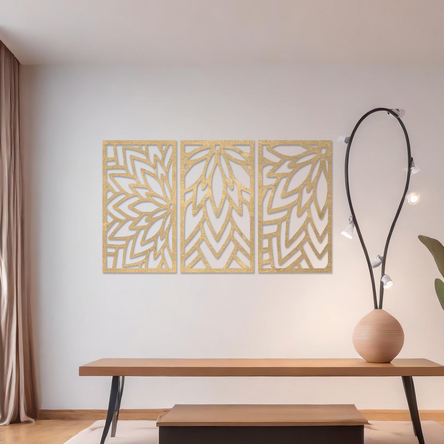 Wooden wall art featuring a three-panel floral-inspired geometric design, displayed on a neutral wall within modern room decor, highlighting its intricate patterns and contemporary craftsmanship.
