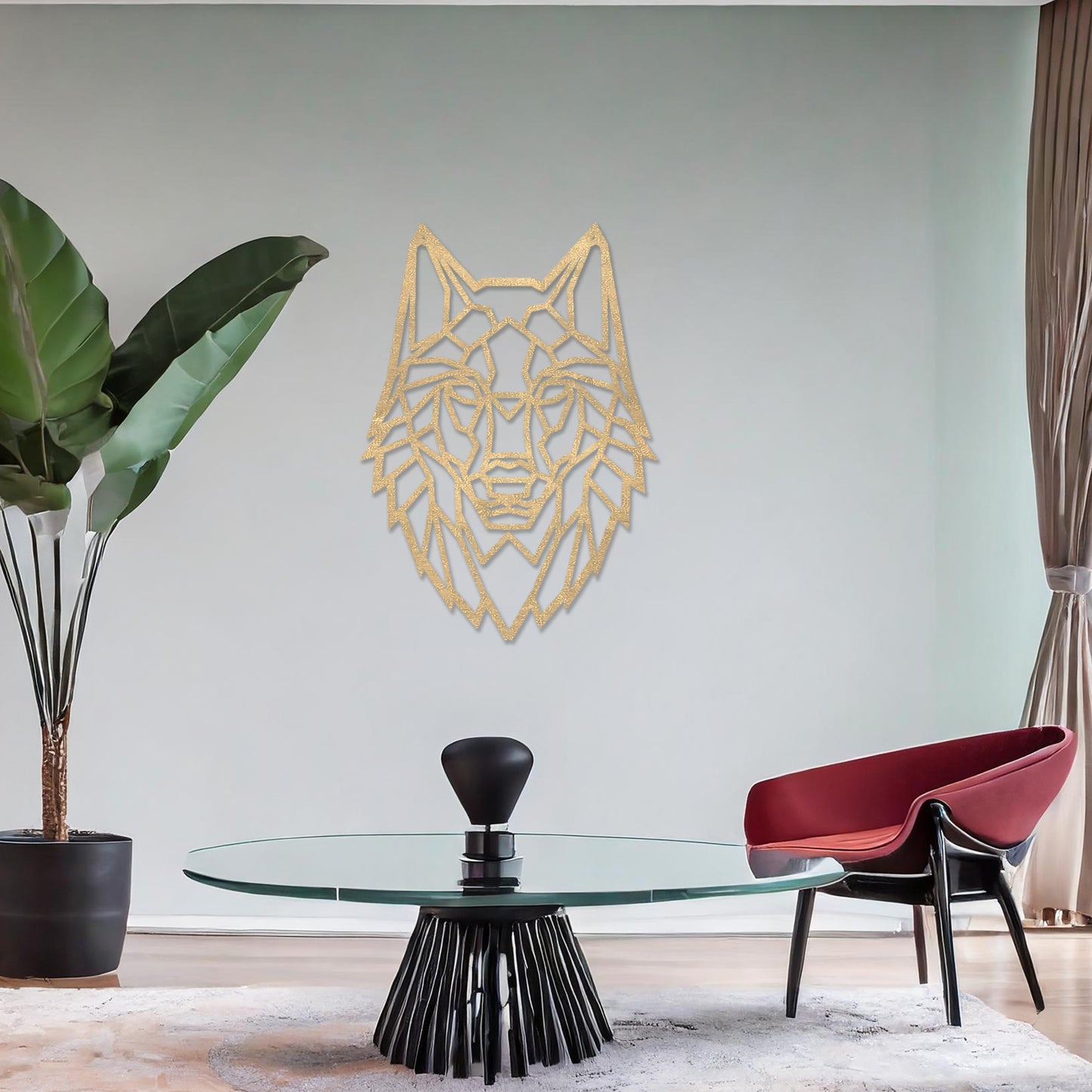 Wooden wall art featuring a geometric wolf design with sharp, angular lines. The artwork is displayed on a neutral wall within modern room decor, drawing attention to its bold and intricate pattern.