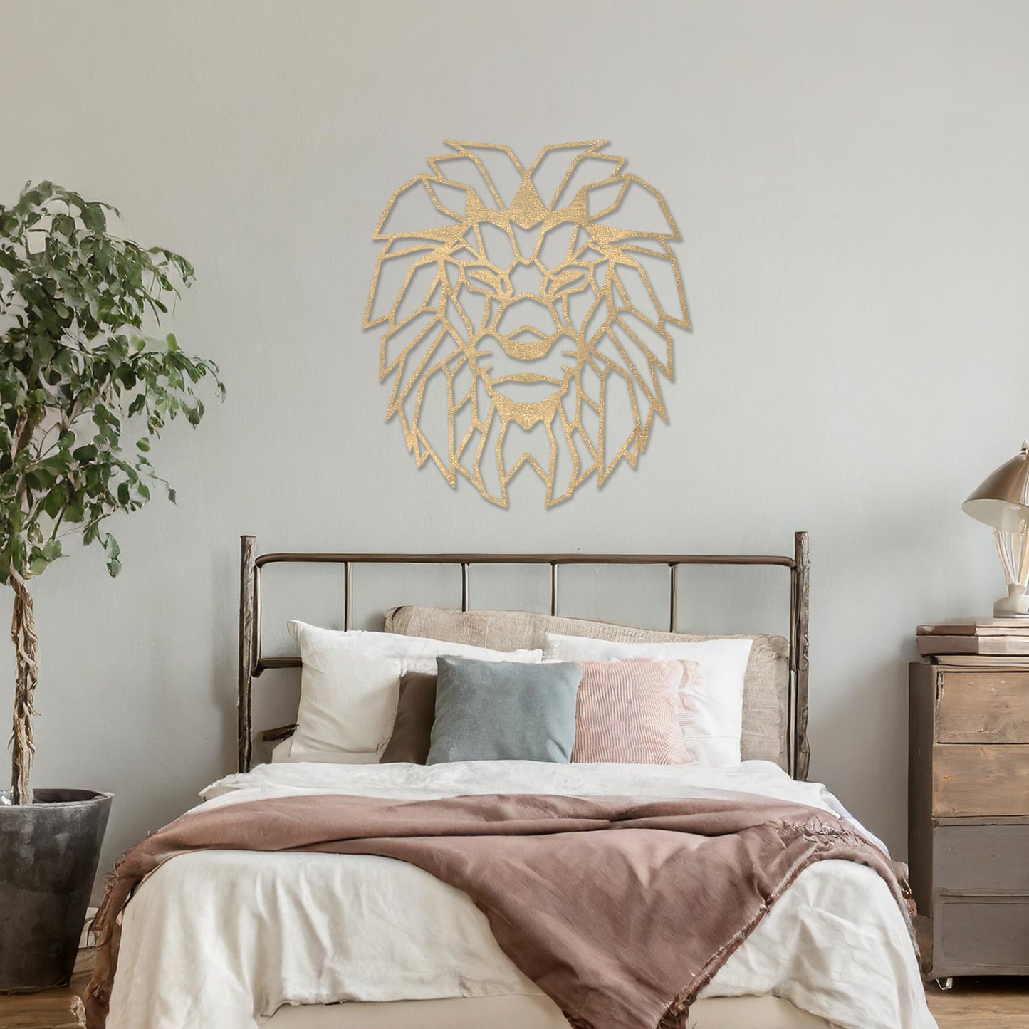 Wooden wall art showcasing a geometric lion head design with sharp, angular details, displayed on a neutral wall within modern room decor, emphasising its bold and striking craftsmanship.