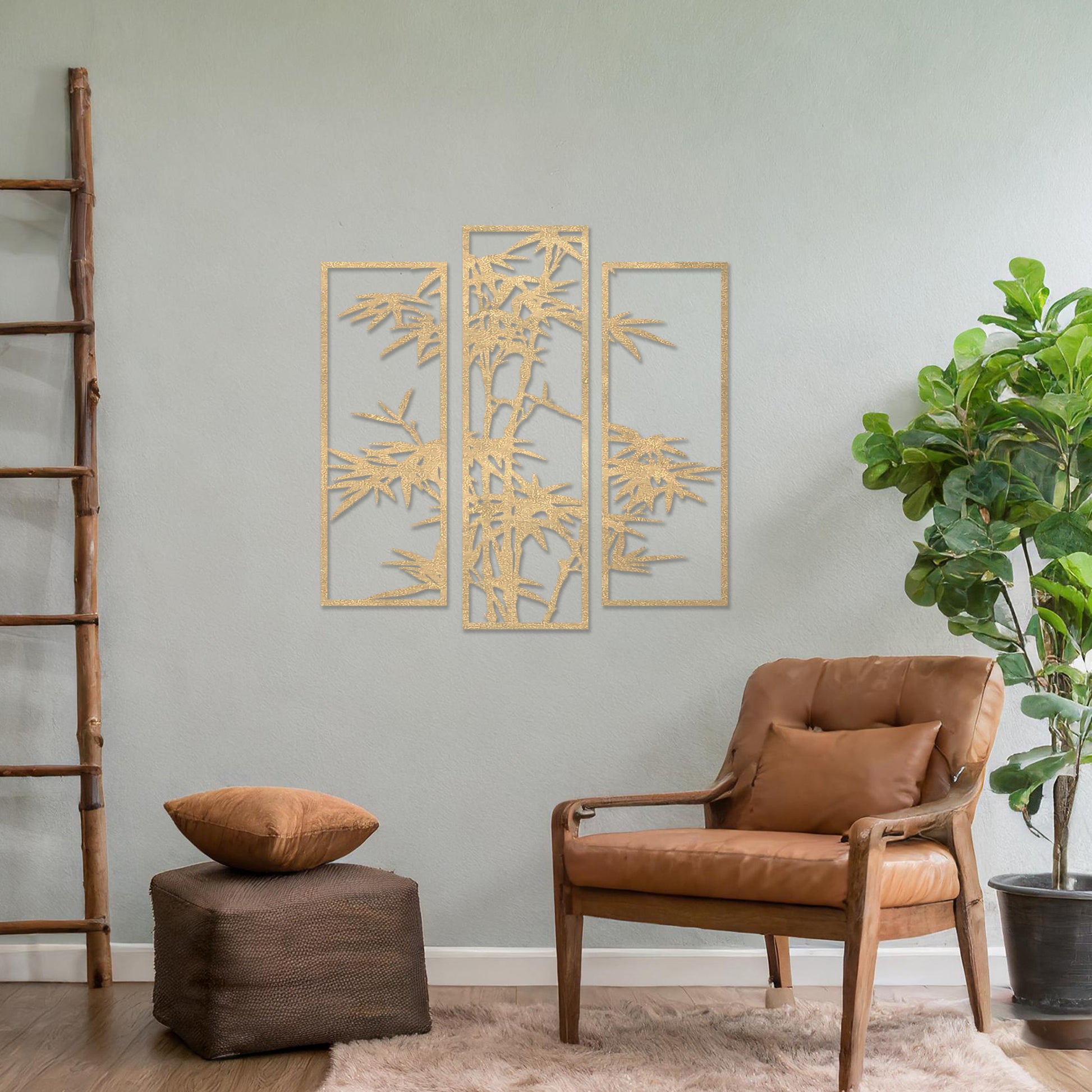 Wooden wall art consisting of three panels featuring a bamboo design with detailed leaves and stalks, displayed on a neutral wall within modern room decor, highlighting its elegant and nature-inspired craftsmanship.