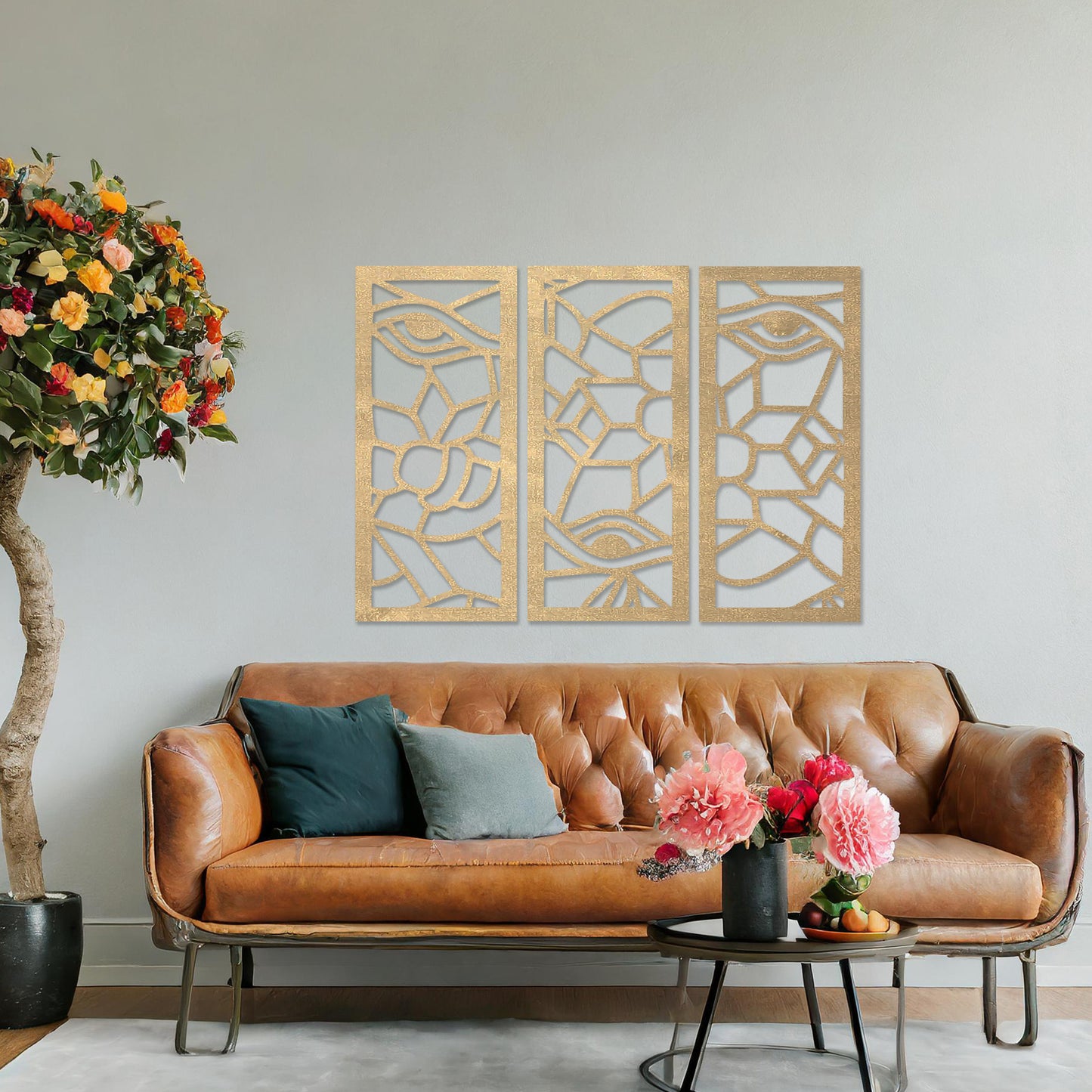 Wooden wall art featuring a three-panel abstract design with geometric shapes and eye motifs. The artwork is displayed on a neutral wall within modern room decor, showcasing its intricate and unique pattern.