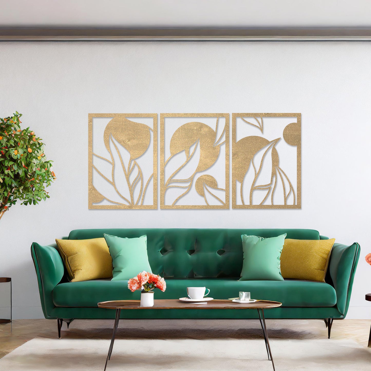 Wooden wall art design featuring a three-panel composition with abstract shapes and flowing leaves, placed on a neutral wall within modern room decor. The design blends geometric forms and natural elements for a contemporary aesthetic.